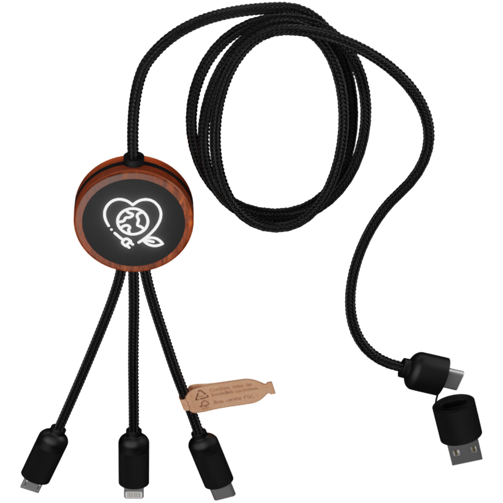 SCX.design C37 40W 5-in-1 rPET Ladekabel in rundem Bambusgehäuse mit Leuchtlogo holz