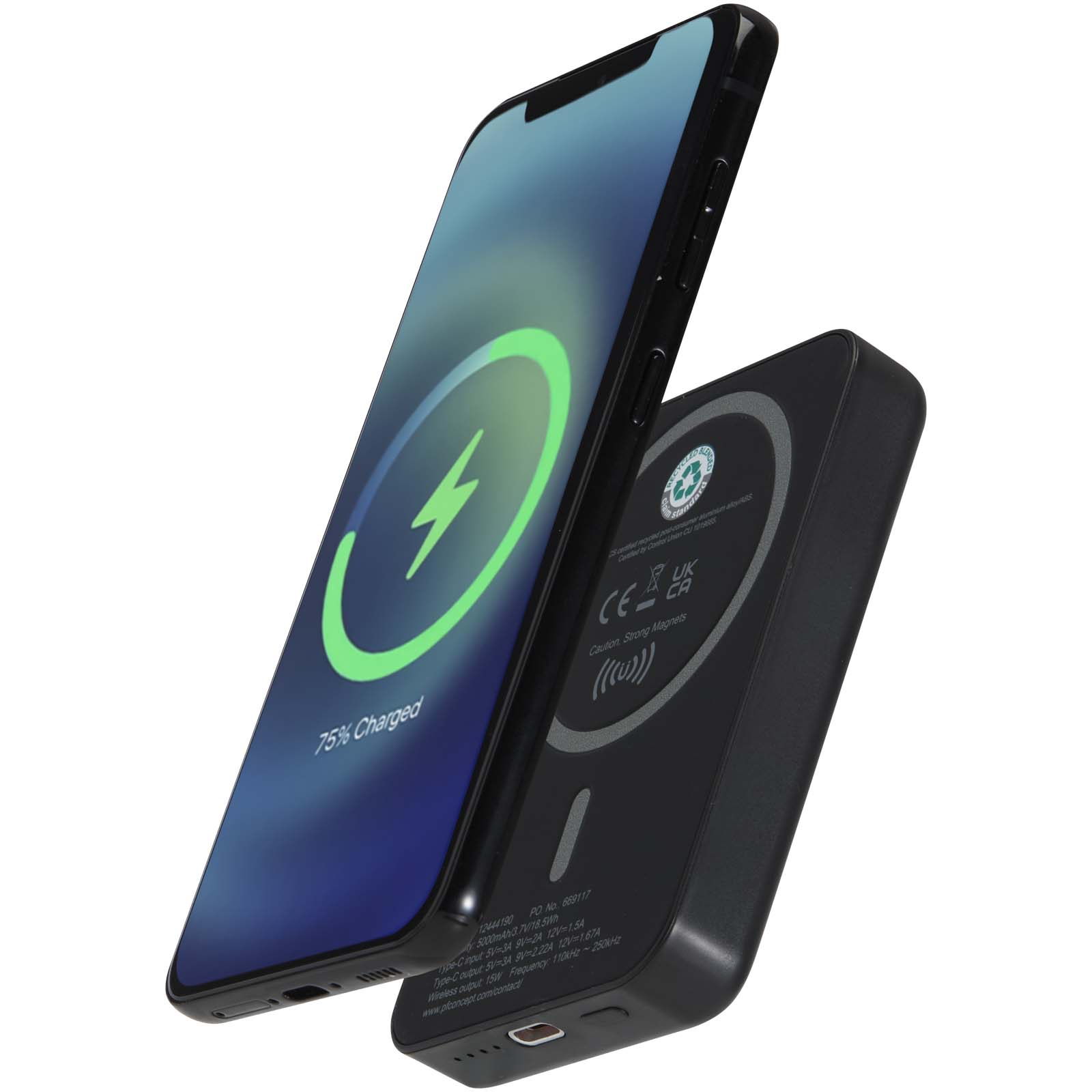 Acrab 15 W 5.000 mAh magnetische kabellose Powerbank mit 20 W PD aus recyceltem Kunststoff schwarz
