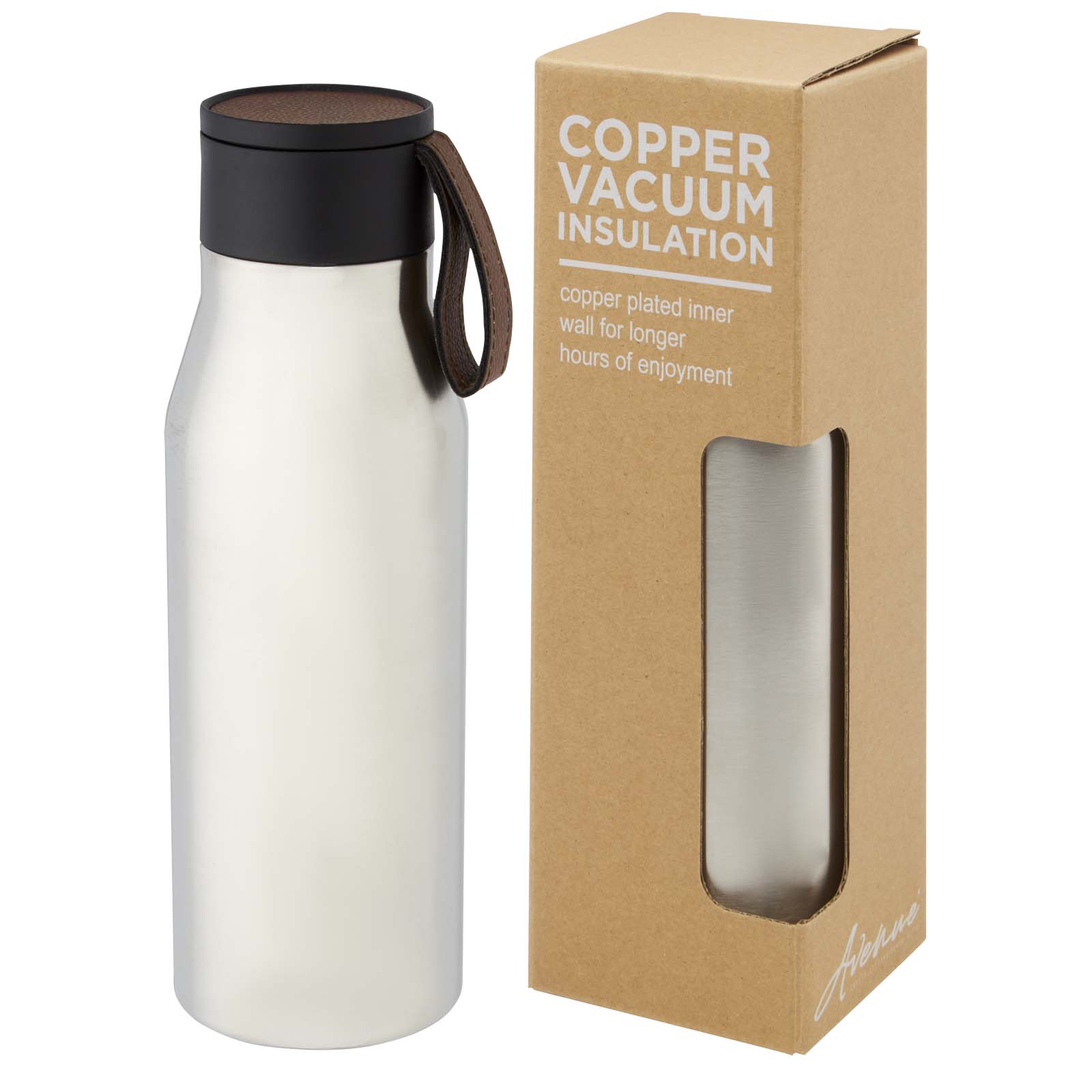 Ljungan 500 ml Kupfer-Vakuum Isolierflasche mit PU Kunststoffband und Deckel silber