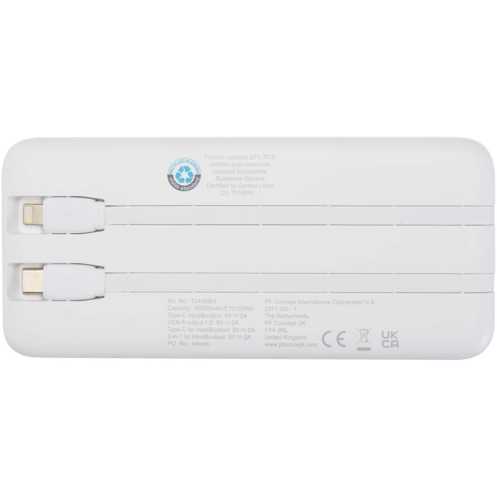 Adhil 10 W 10.000 mAh Powerbank aus recyceltem Kunststoff mit 2 integrierten Kabeln weiss