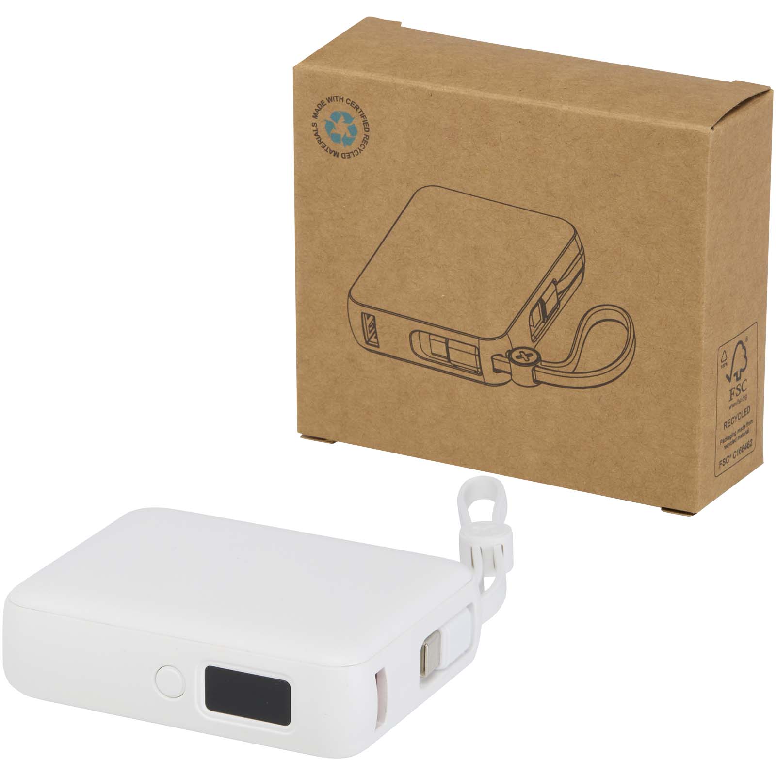 Acrux 35 W 10.000 mAh Tablet Powerbank mit integriertem Typ-C-Kabel aus recyceltem Kunststoff weiss