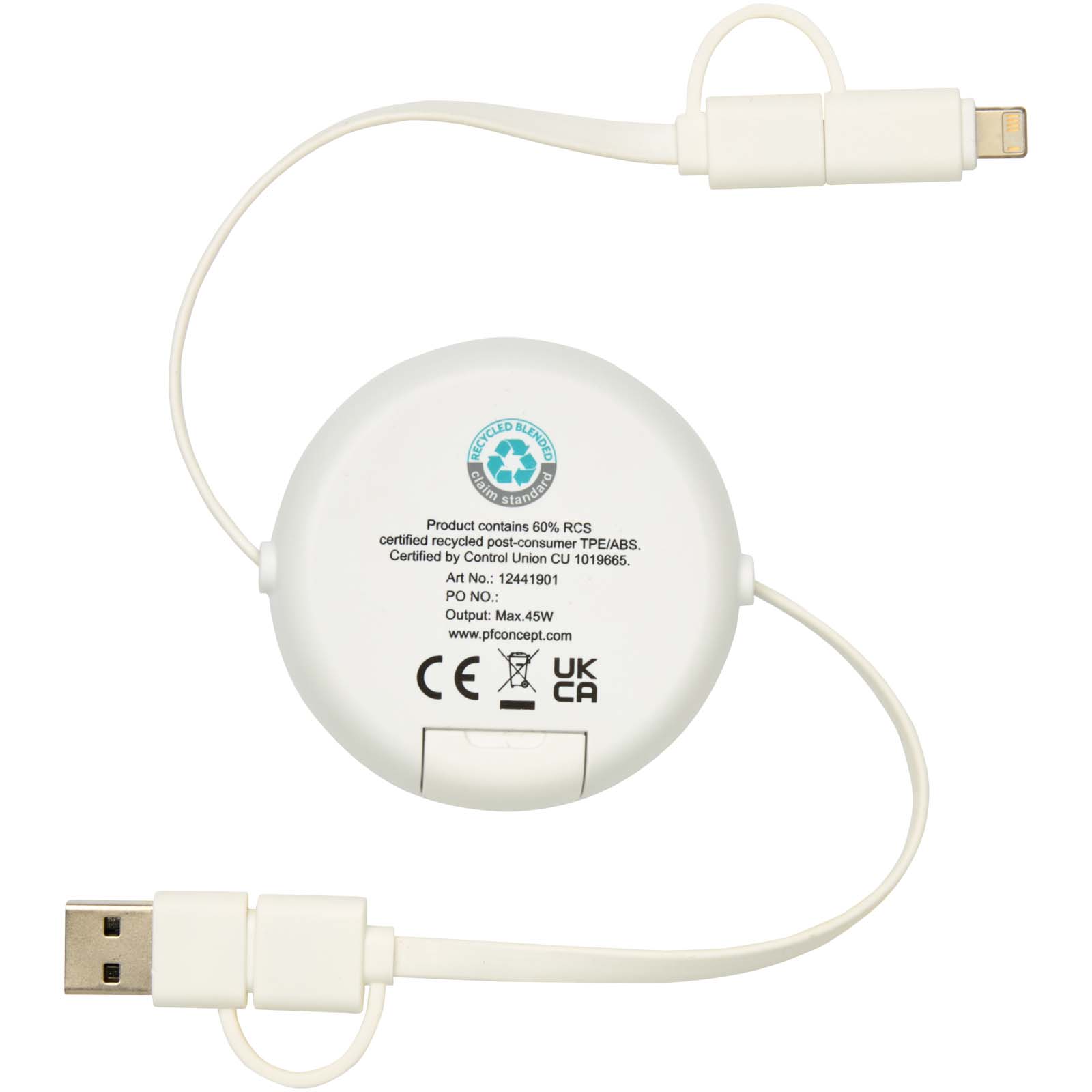 Chechia 100cm 5-in-1 Kabel aus recyceltem Kunststoff, einziehbar, für Datenübertragung und 45W Schnellladung mit Bambusdetail weiss