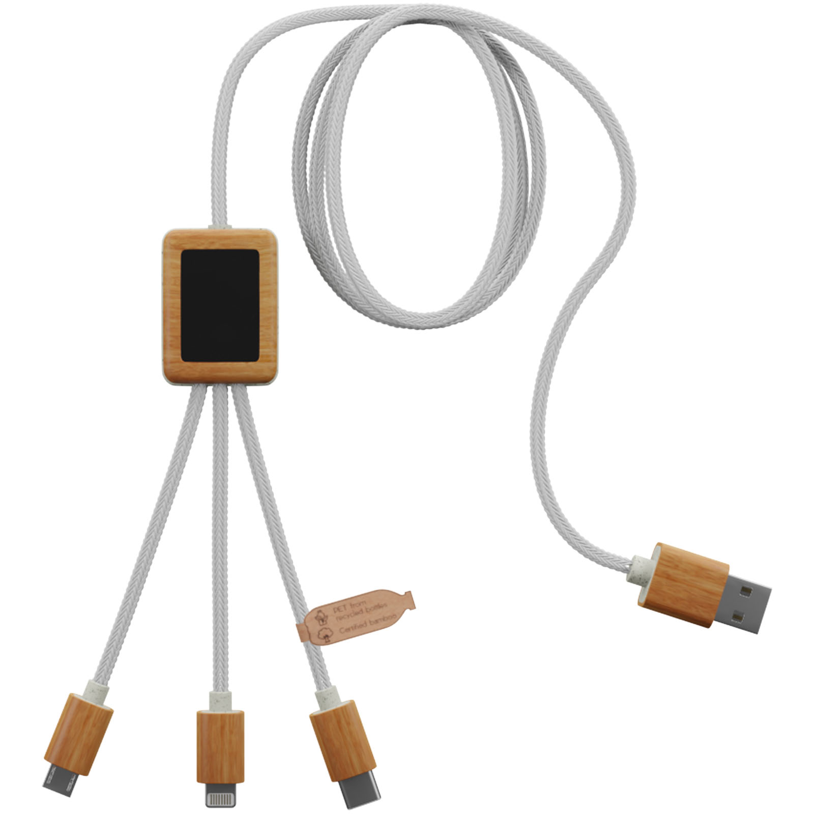 SCX.design C39 3-in-1-Ladekabel aus rPET mit Leuchtlogo und Bambusgehäuse weiss