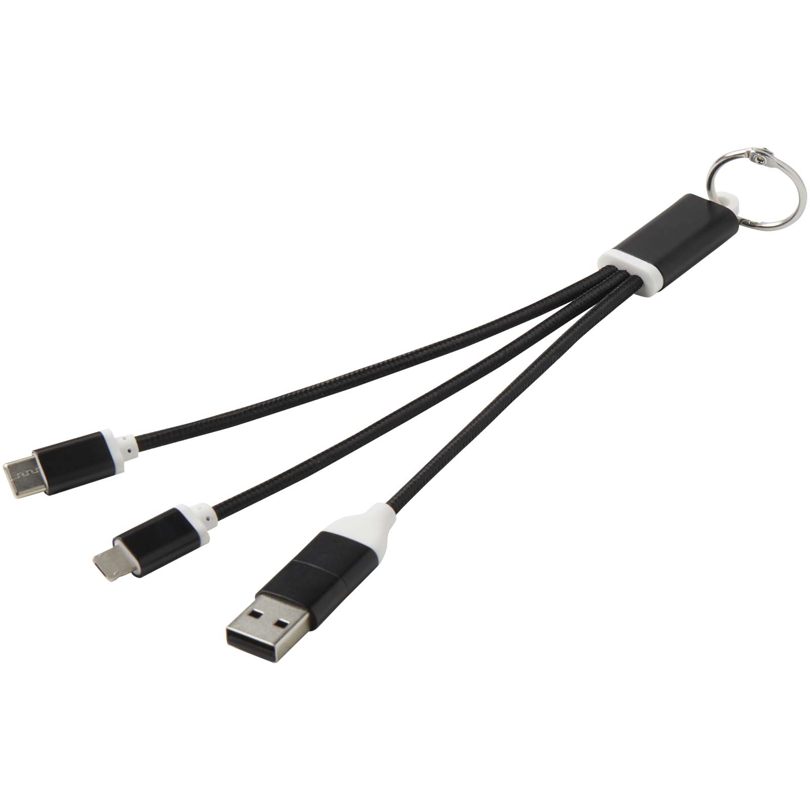 Metal 4-in-1 Ladekabel aus recyceltem Aluminium mit Schlüsselanhänger schwarz