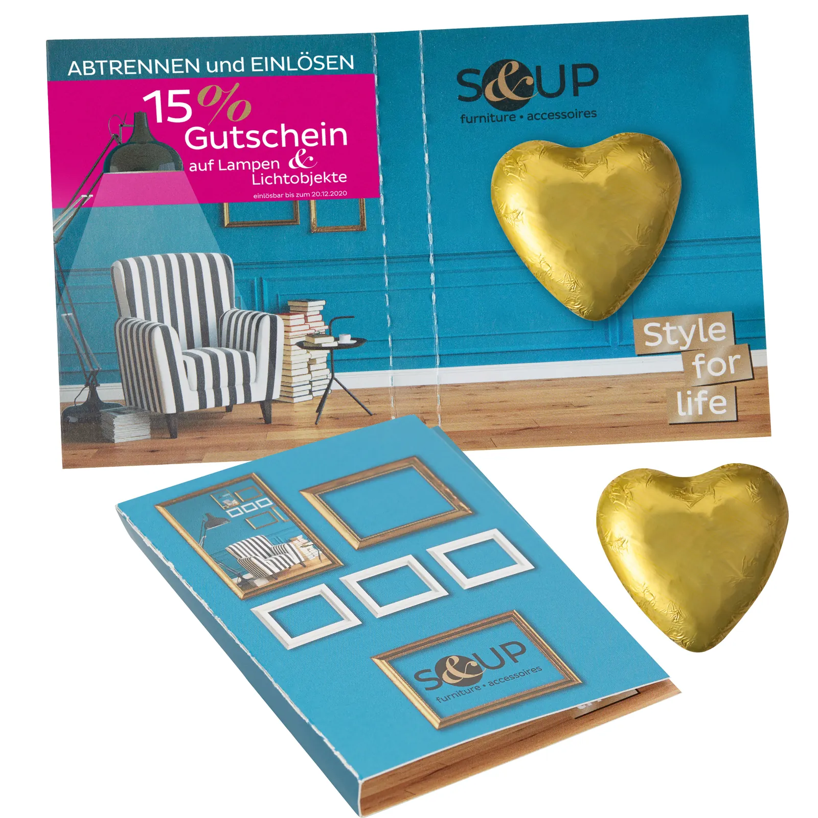 Süßes Briefchen mit Schokoladenherz - gold-metallic