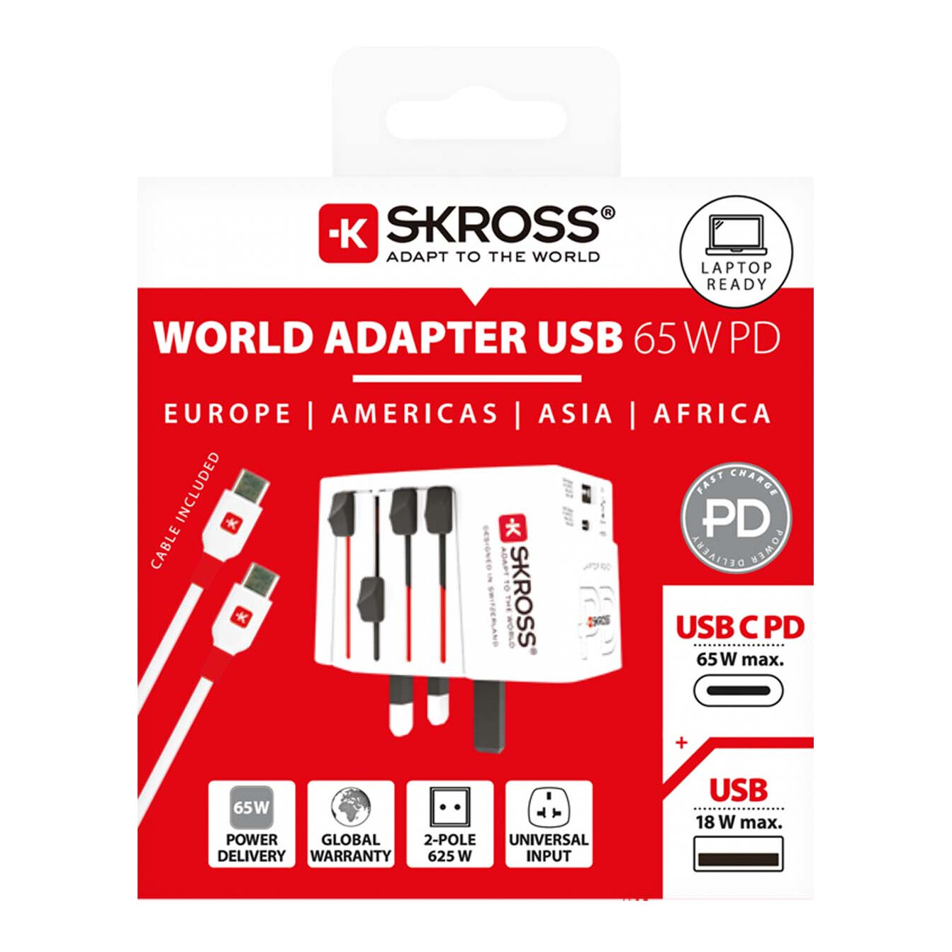 SKROSS® MUV AC65PD Reiseadapter mit USB-C Kabel weiss