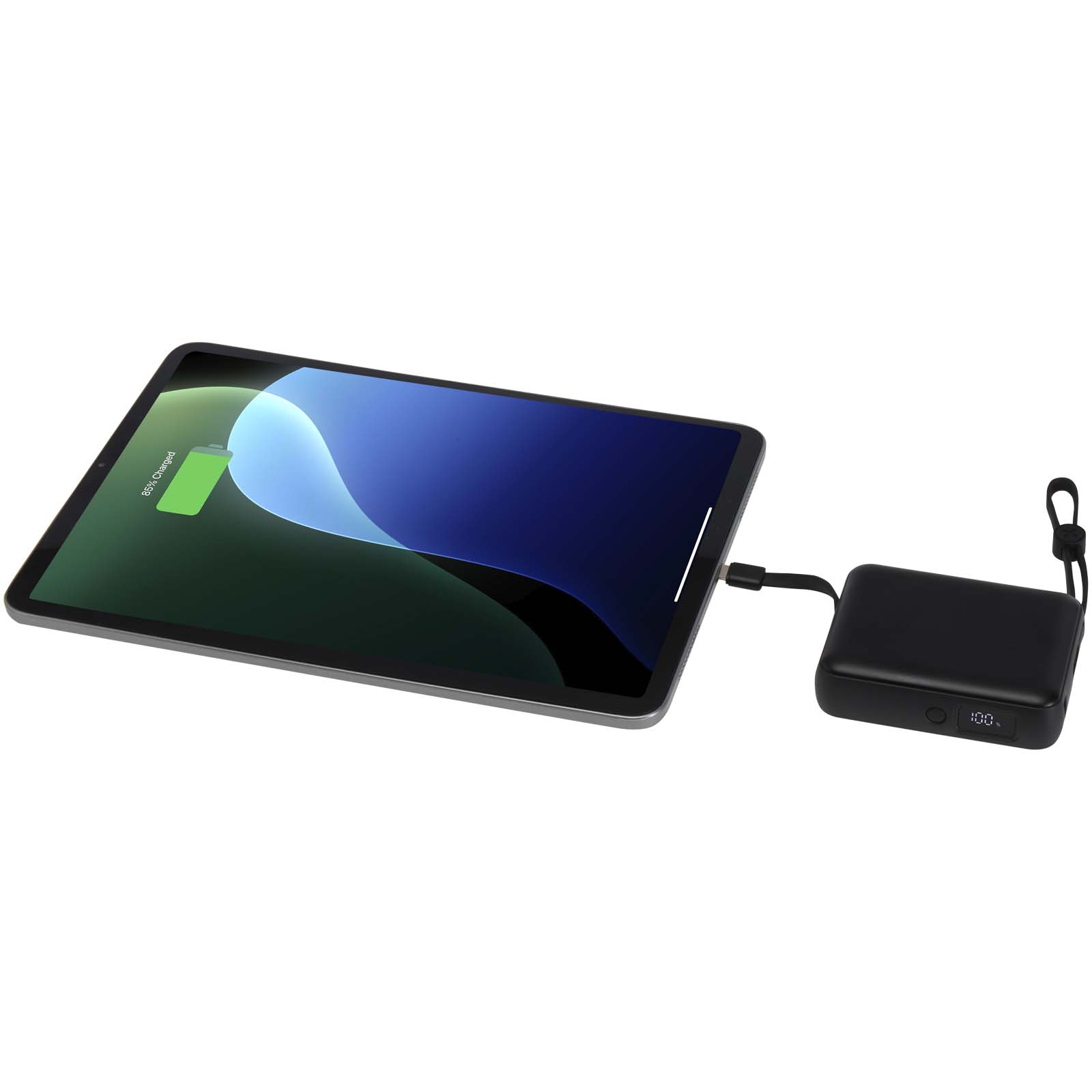 Acrux 35 W 10.000 mAh Tablet Powerbank mit integriertem Typ-C-Kabel aus recyceltem Kunststoff schwarz