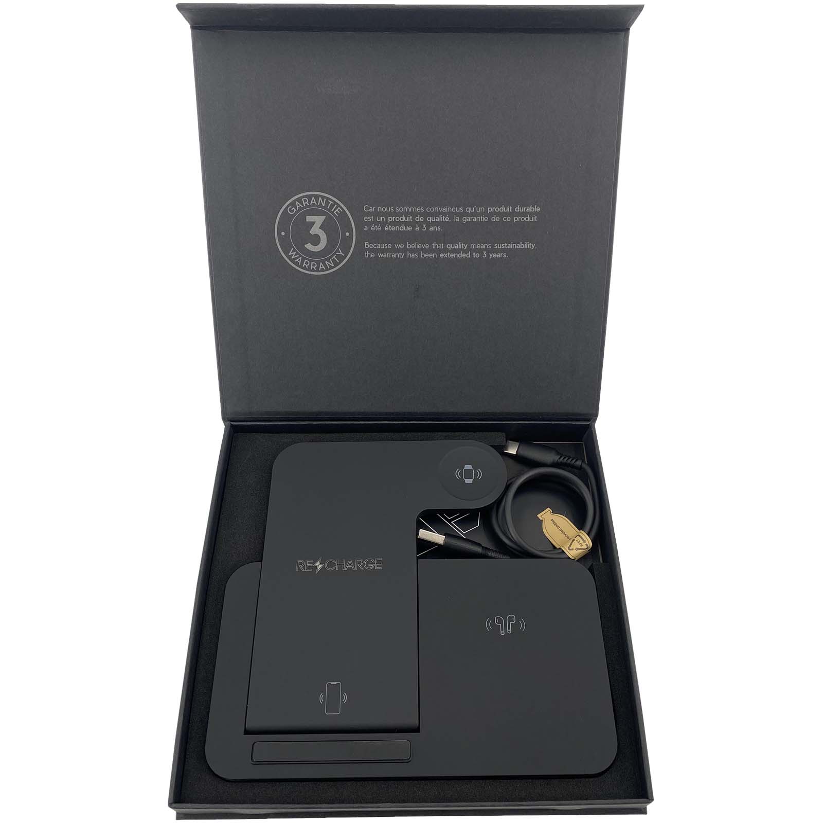 SCX.design W28 kabellose 3-in-1 Ladestation kabellos mit Telefonständer und Leuchtlogo schwarz