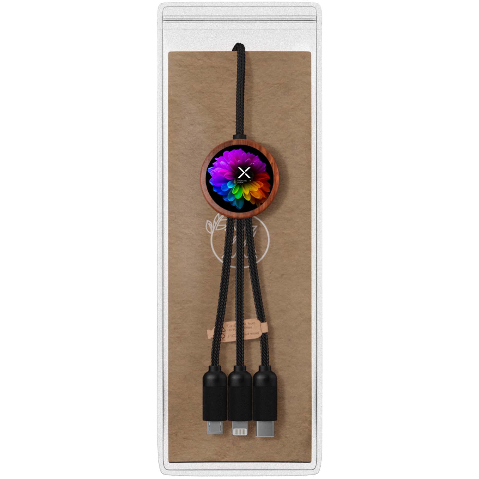 SCX.design C37 40W 5-in-1 rPET Ladekabel in rundem Bambusgehäuse mit Leuchtlogo holz