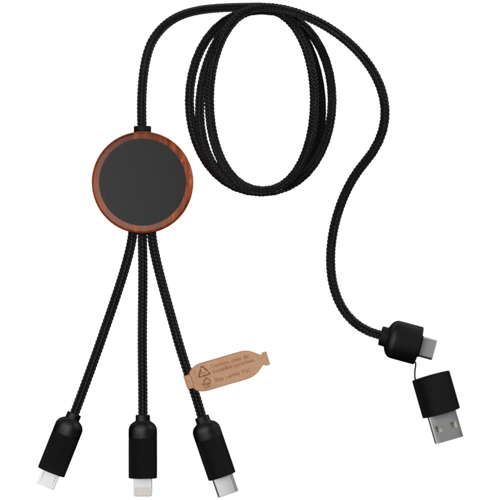 SCX.design C37 40W 5-in-1 rPET Ladekabel in rundem Bambusgehäuse mit Leuchtlogo holz