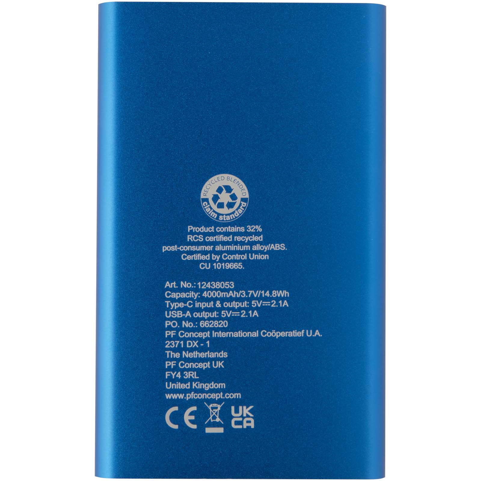 Pep 4000 mAh Type-C Powerbank aus recyceltem Aluminium royalblau