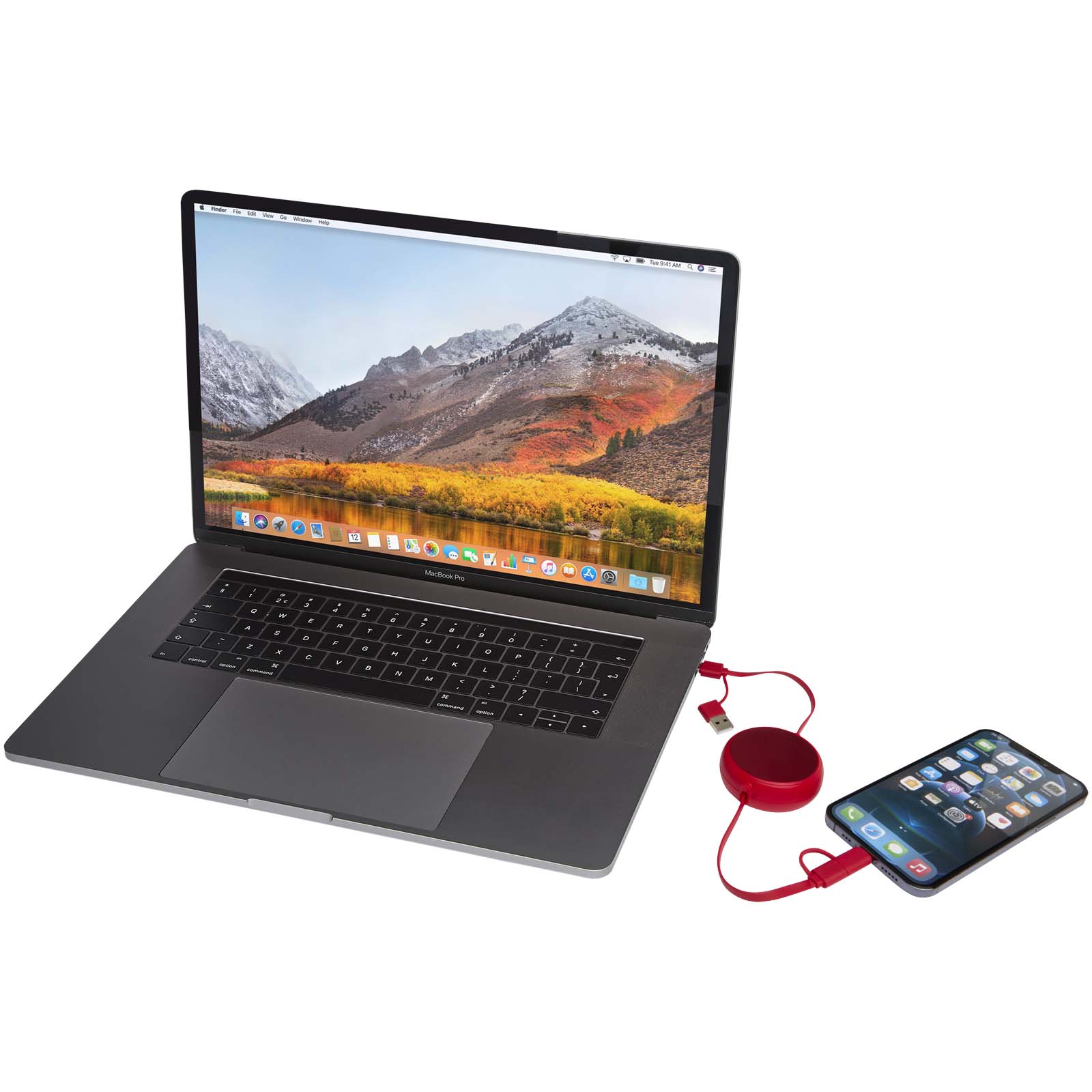 Alasia 100 cm 5-in-1 Kabel aus recyceltem Kunststoff und Aluminium, einziehbar, für Datenübertragung und mit 45W Schnellladun rot