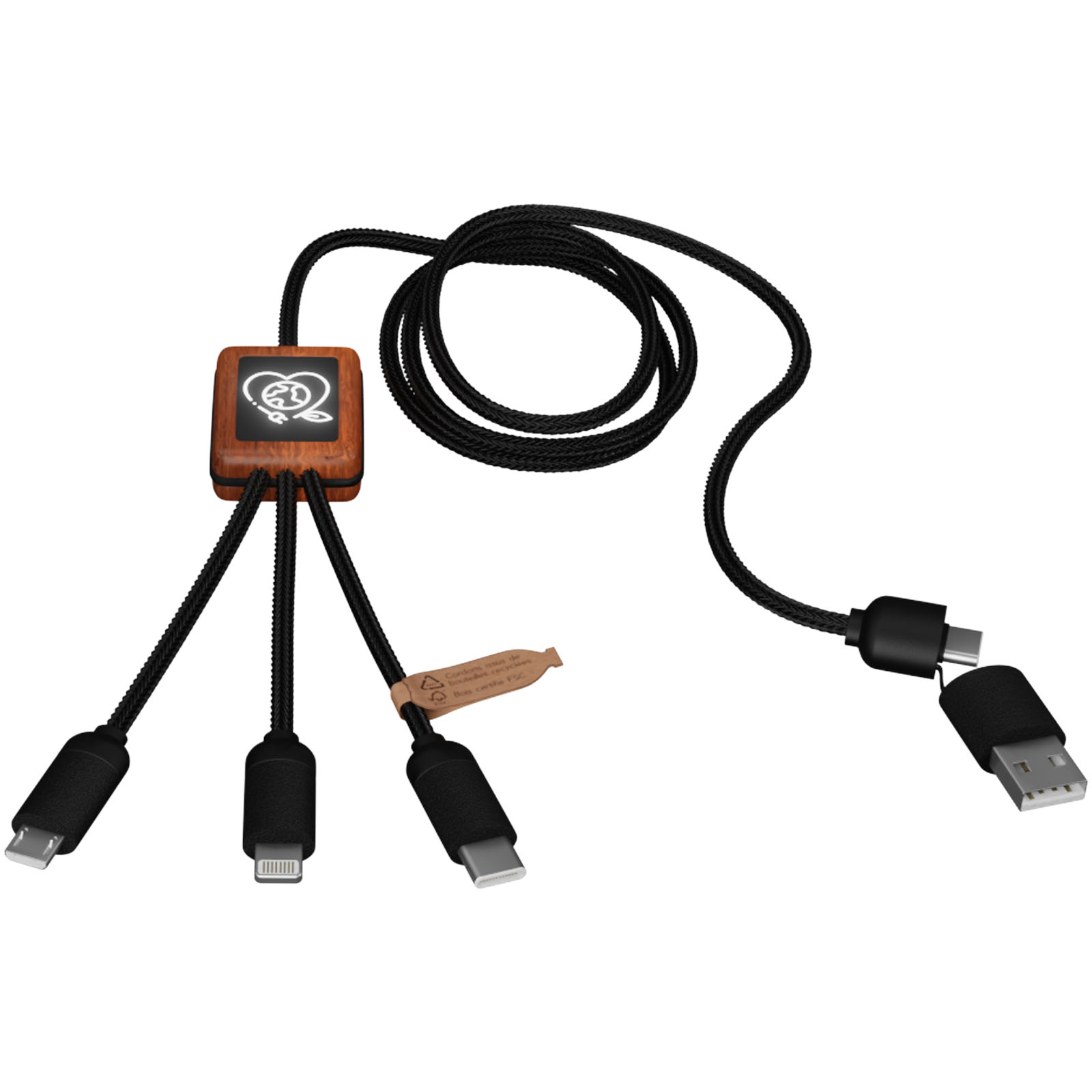 SCX.design C38 40W 5-in-1 Ladekabel aus rPET in quadratischem Bambusgehäuse mit Leuchtlogo schwarz, holz