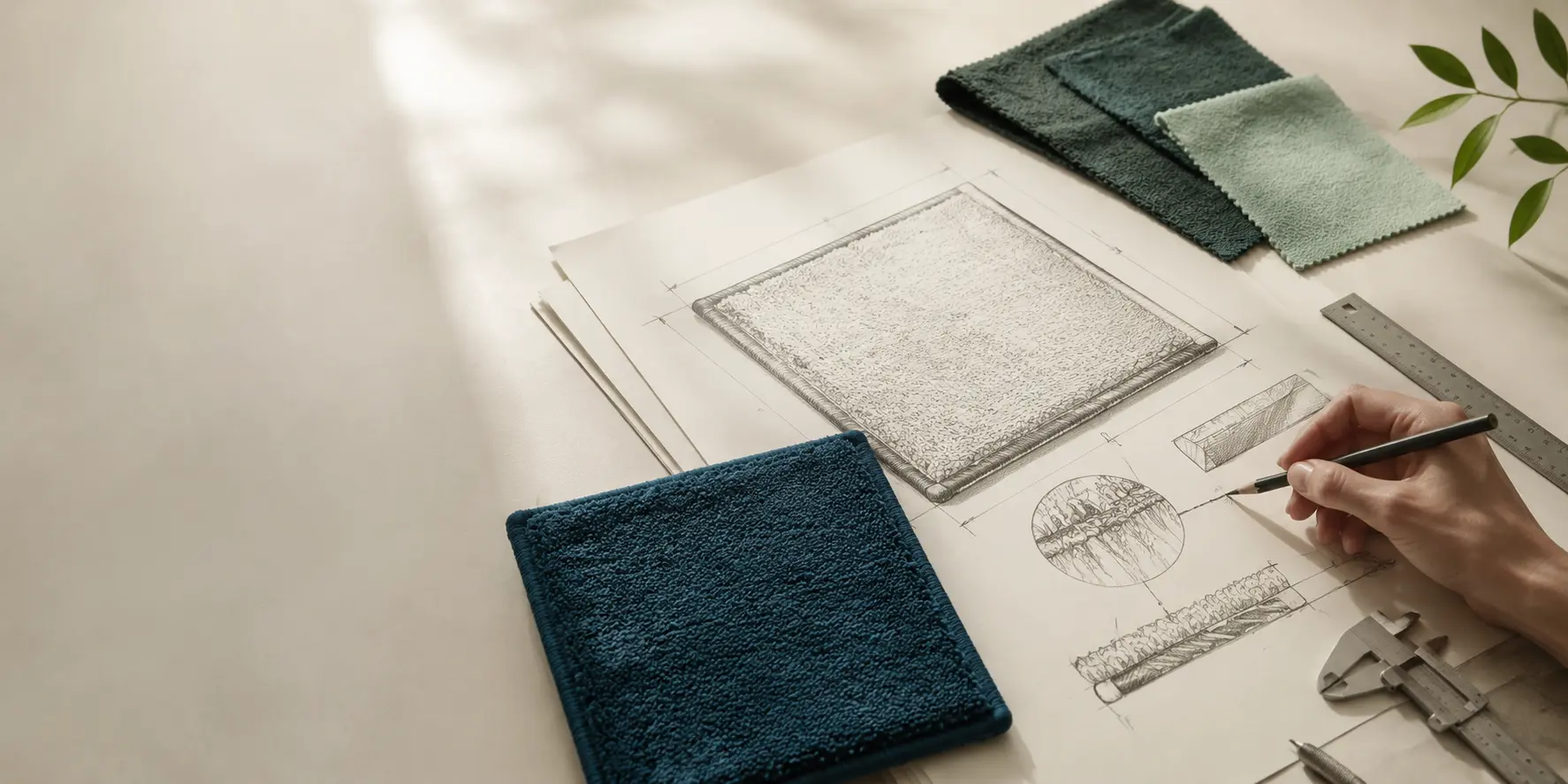 Entwurf eines individuellen Mikrofasertuchs mit Zeichnung und Materialmustern
