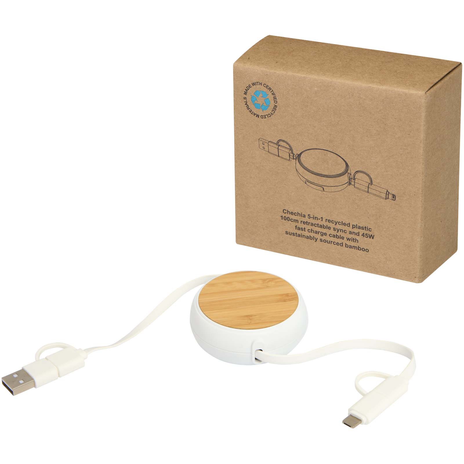 Chechia 100cm 5-in-1 Kabel aus recyceltem Kunststoff, einziehbar, für Datenübertragung und 45W Schnellladung mit Bambusdetail weiss