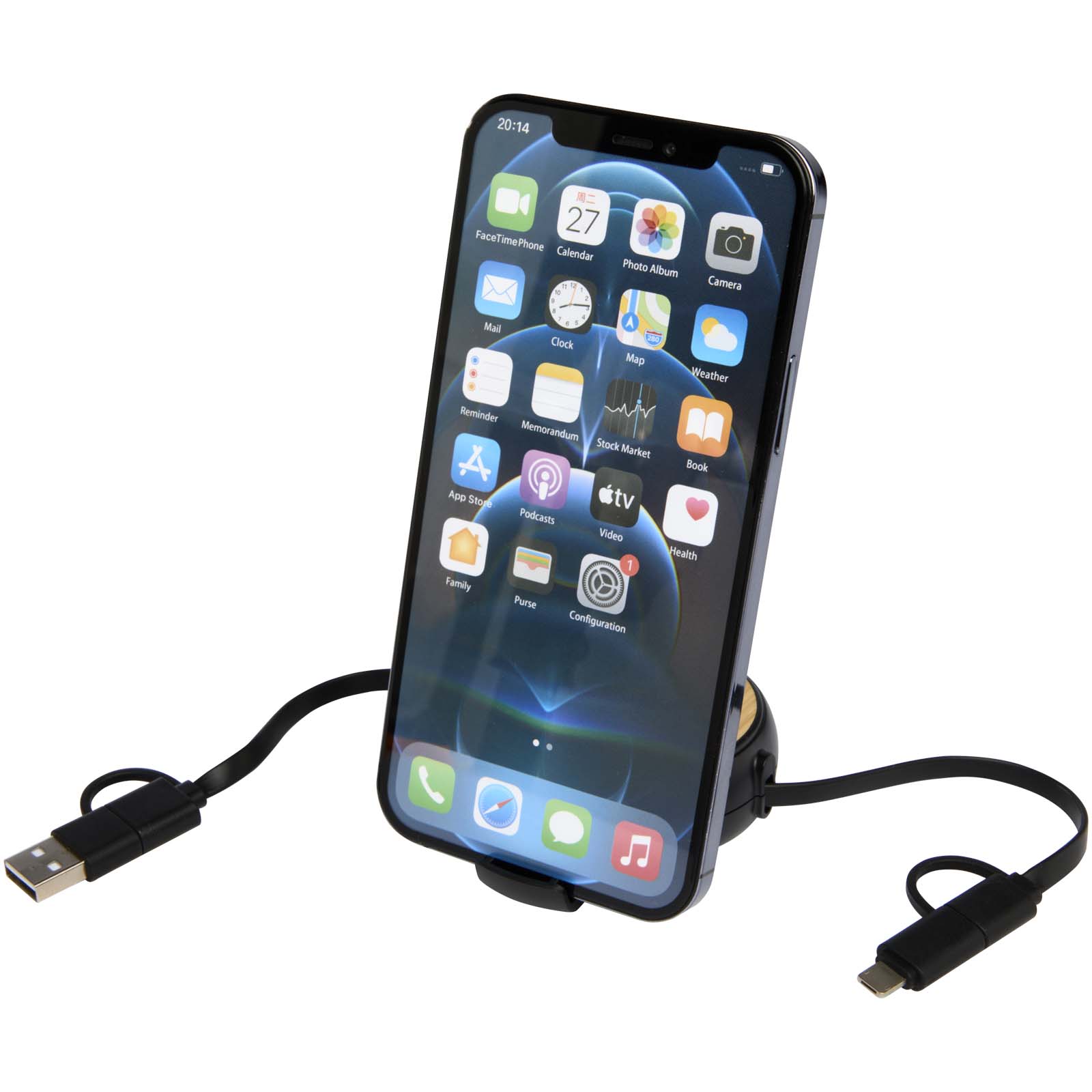 Chechia 100cm 5-in-1 Kabel aus recyceltem Kunststoff, einziehbar, für Datenübertragung und 45W Schnellladung mit Bambusdetail schwarz