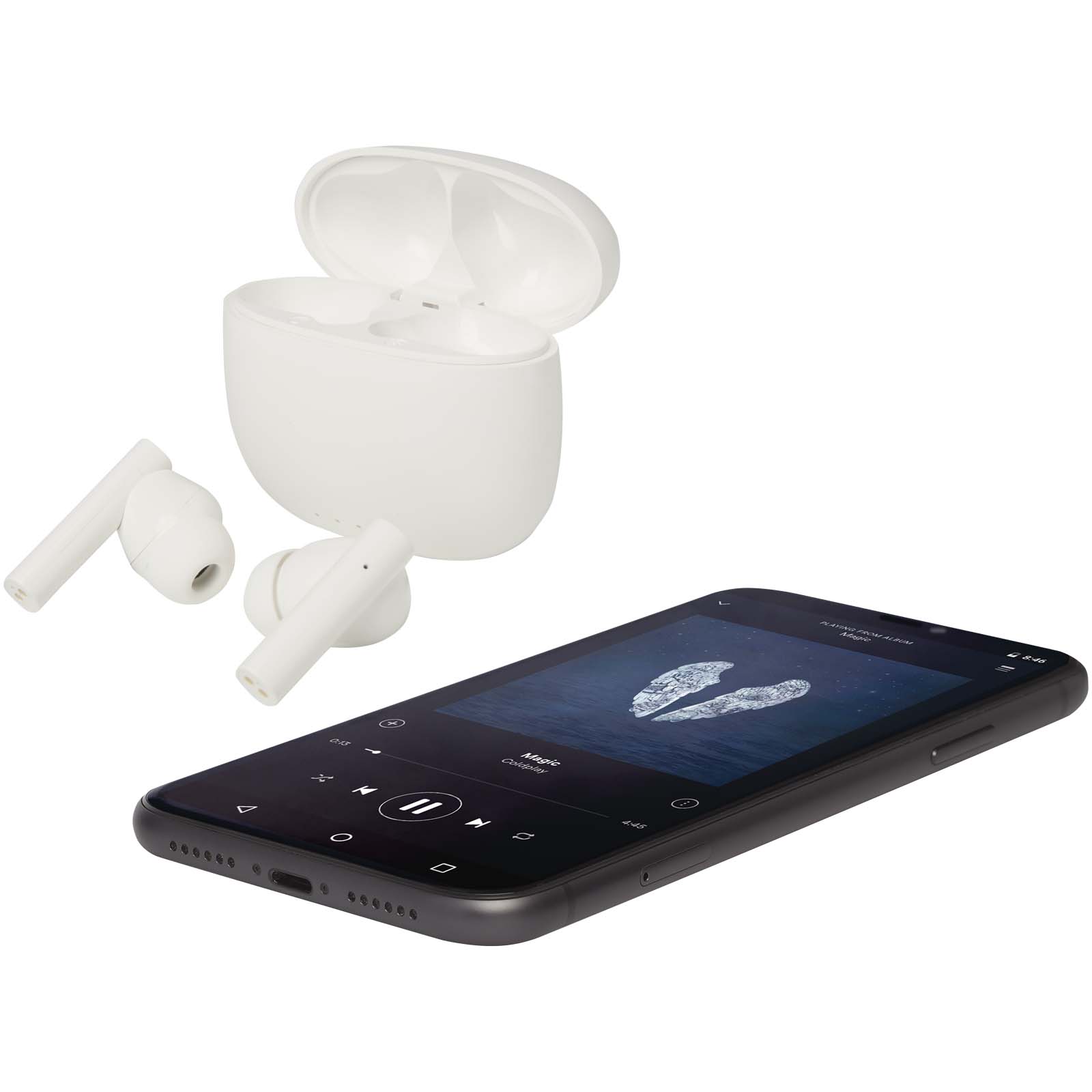 Alterf True Wireless Bluetooth® Headset aus recyceltem Kunststoff mit Silikon-Ohrstöpseln weiss