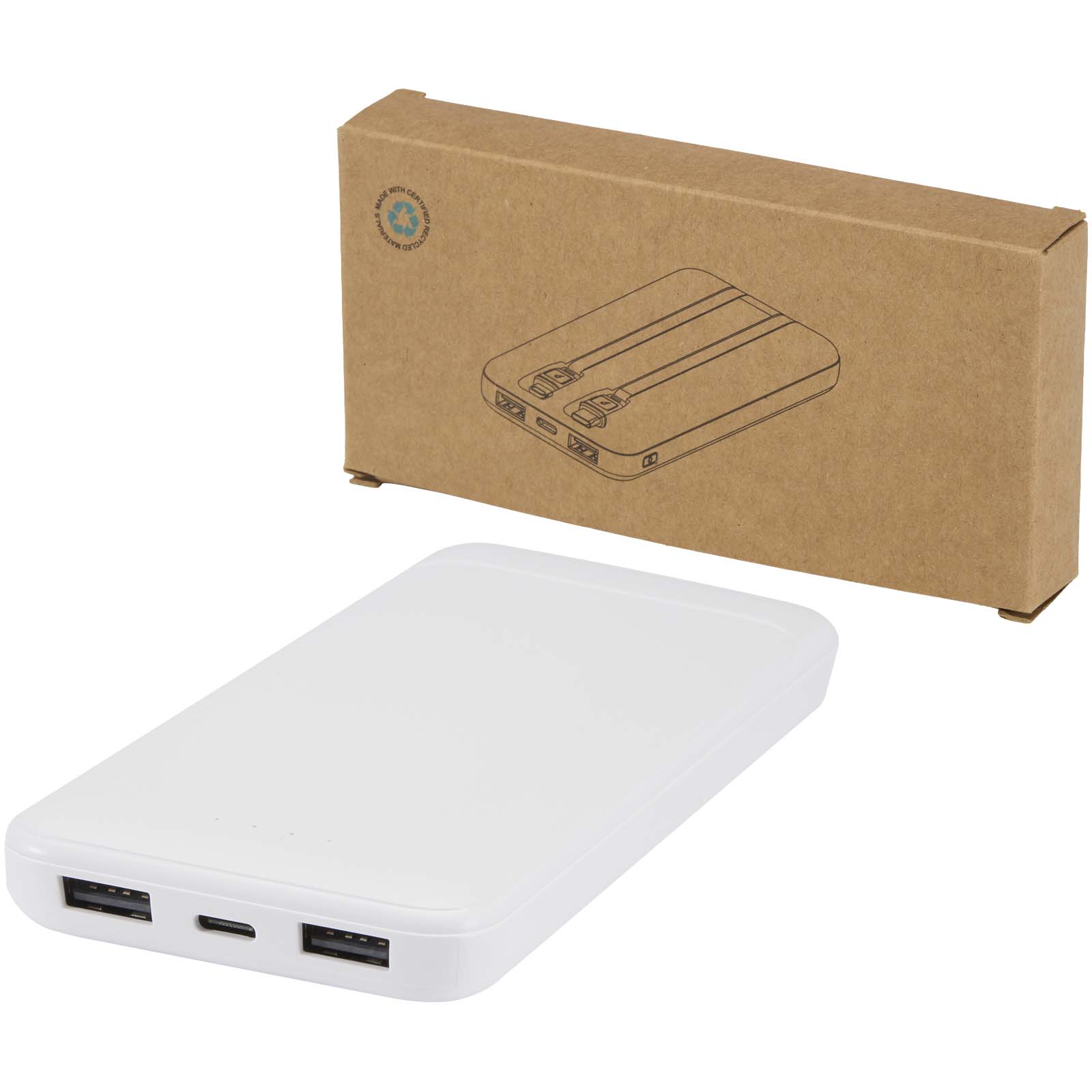 Adhil 10 W 10.000 mAh Powerbank aus recyceltem Kunststoff mit 2 integrierten Kabeln weiss