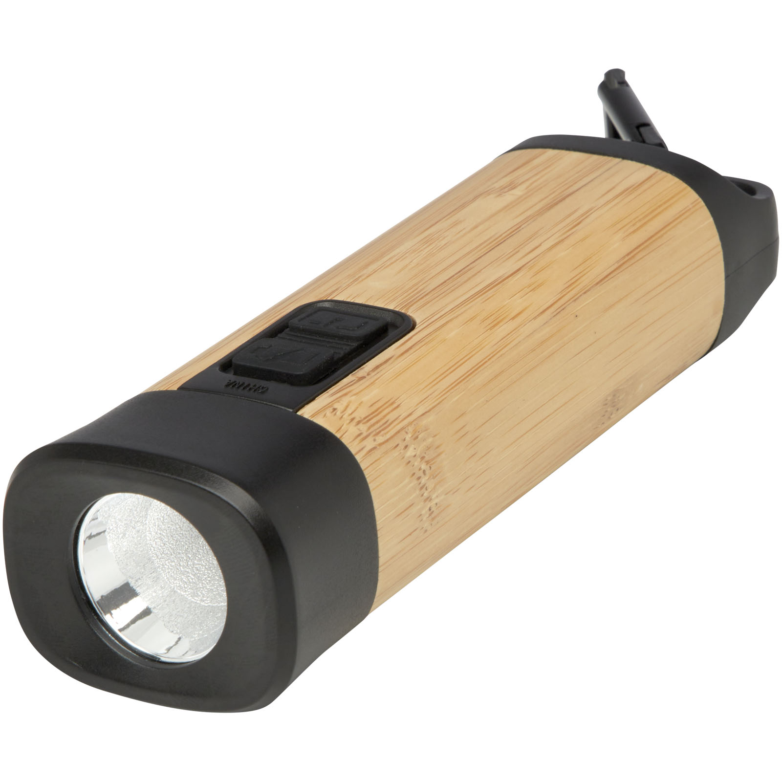 Kuma Taschenlampe aus Bambus und recyceltem RCS Kunststoff mit Karabinerhaken natur