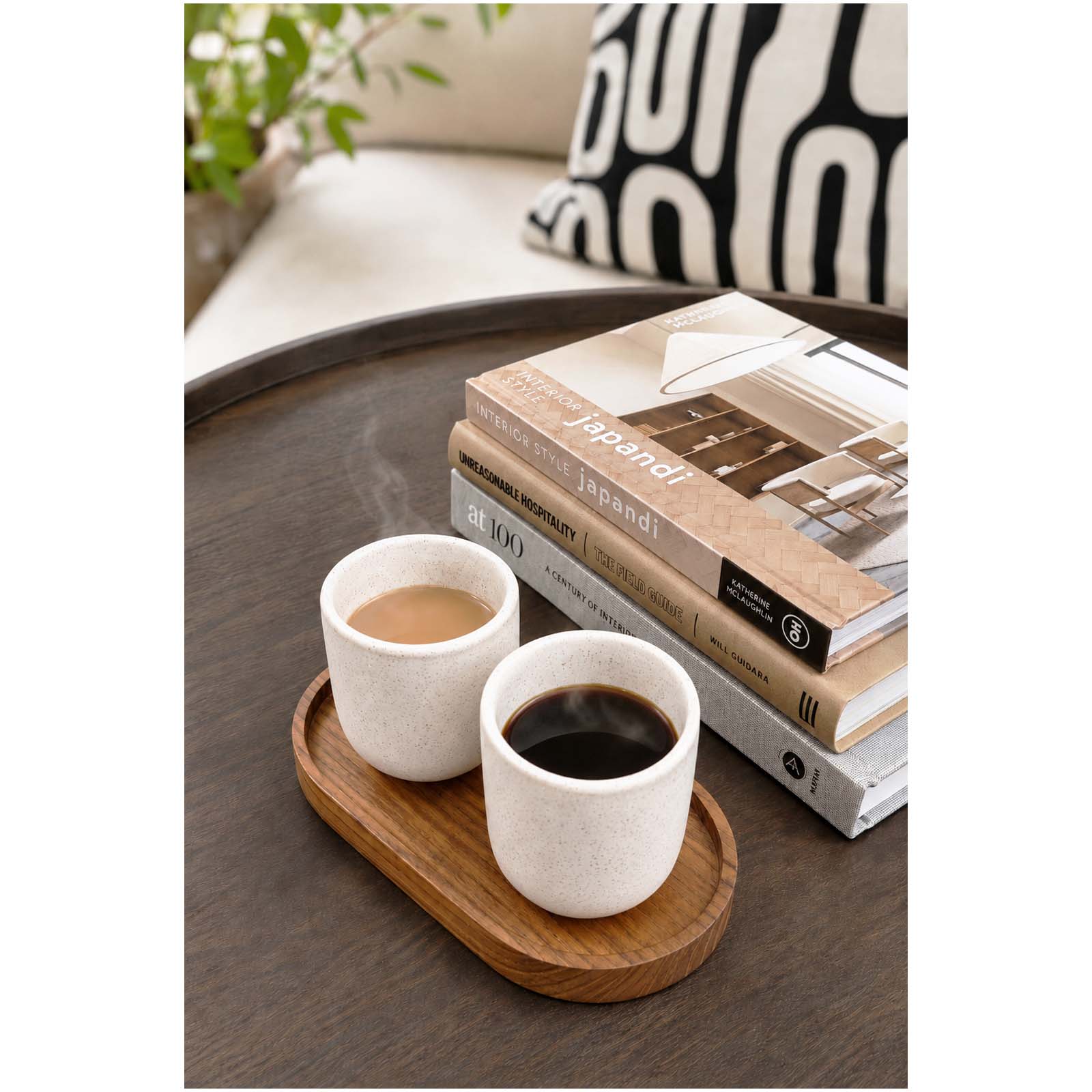 Originalhome ovales Holztablett und 150 ml Keramiktassen Set holz
