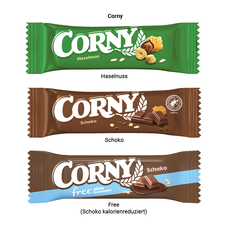 Corny Müsliriegel in Werbeschuber, Schoko