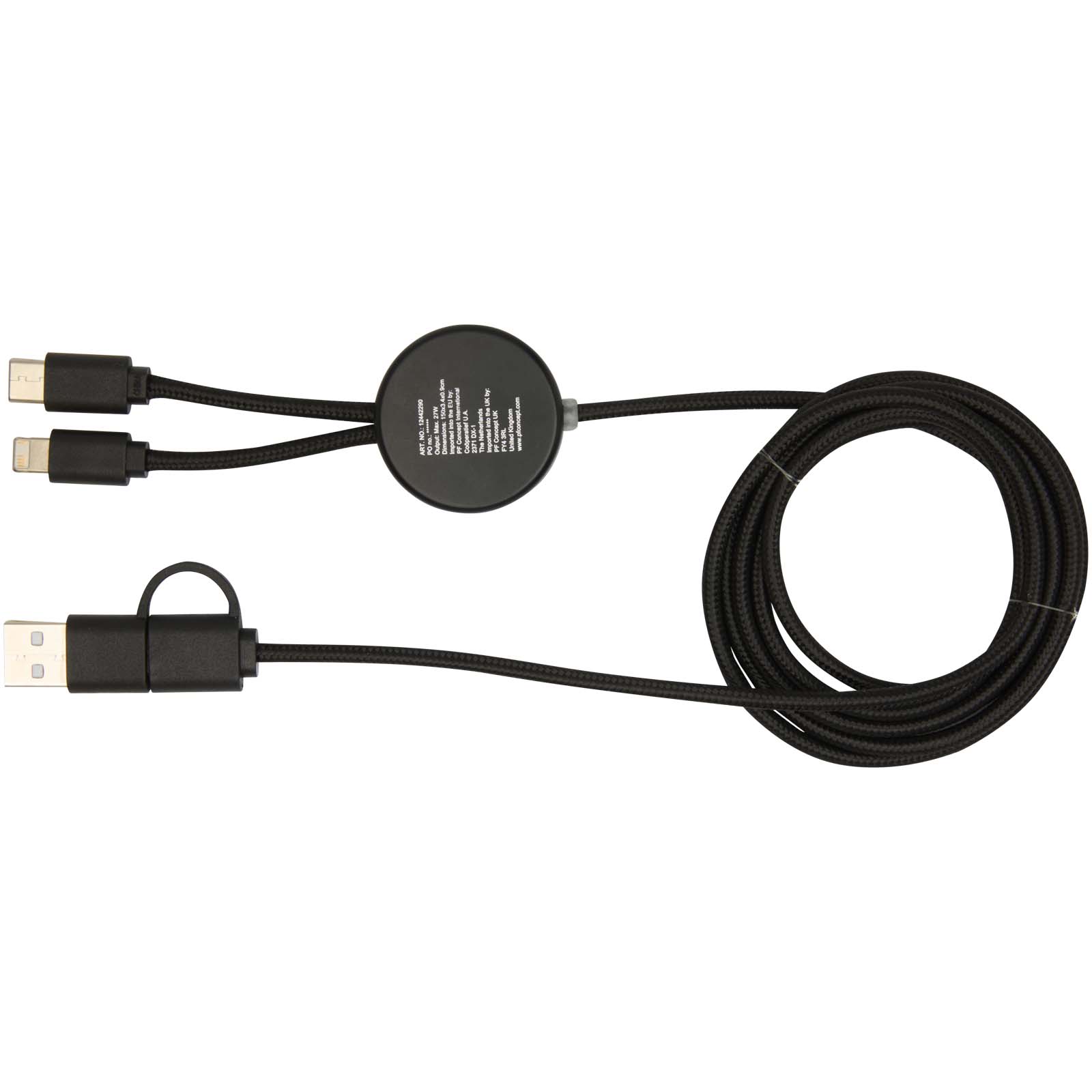 Chechia 150 cm 5-in-1 Kabel aus recyceltem Kunststoff für Datenübertragung und 27W Schnellladung mit Bambusdetails schwarz