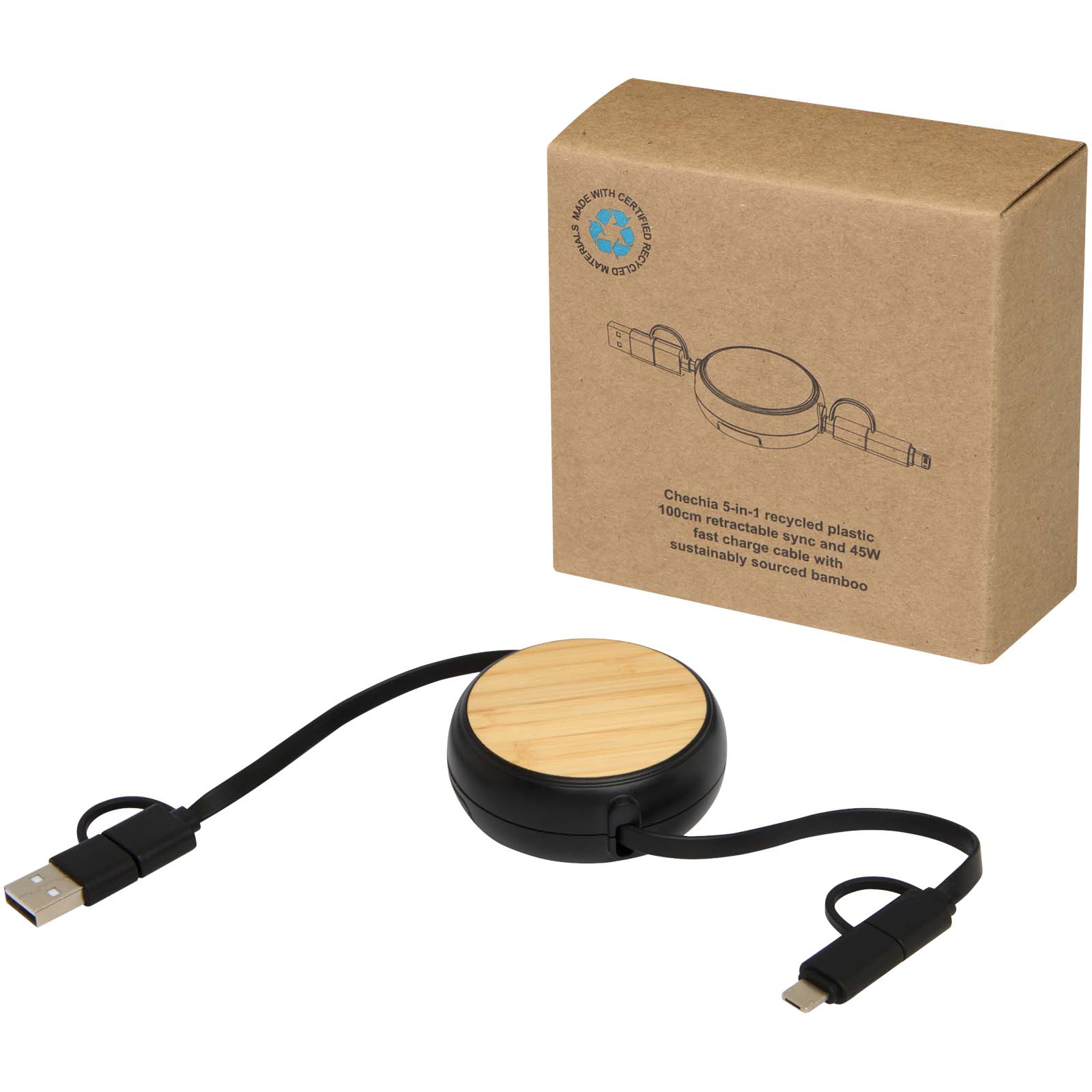 Chechia 100cm 5-in-1 Kabel aus recyceltem Kunststoff, einziehbar, für Datenübertragung und 45W Schnellladung mit Bambusdetail schwarz