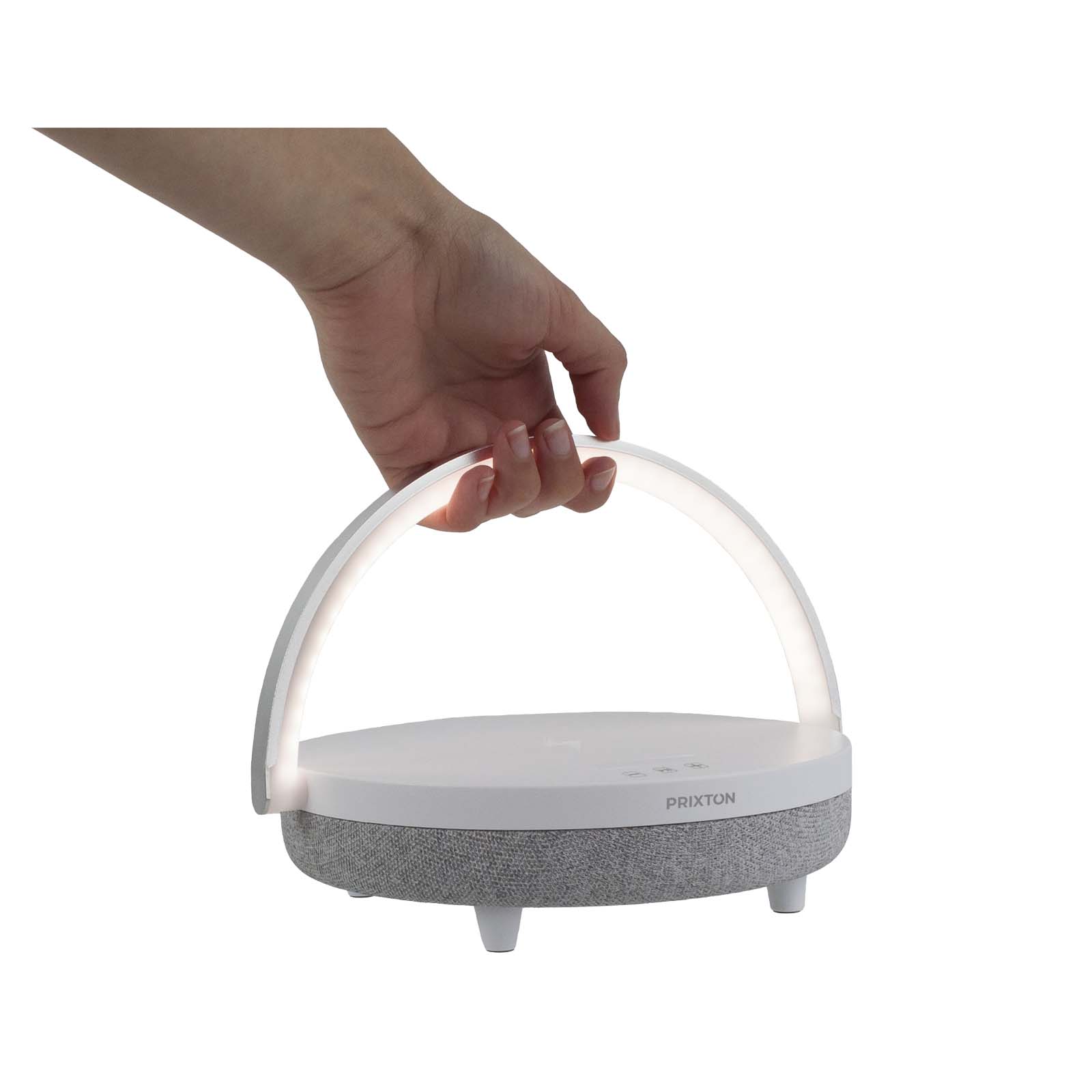 Prixton 10W 4-in-1 Bluetooth®-Lautsprecher mit LED-Licht und kabelloser Ladestation weiss