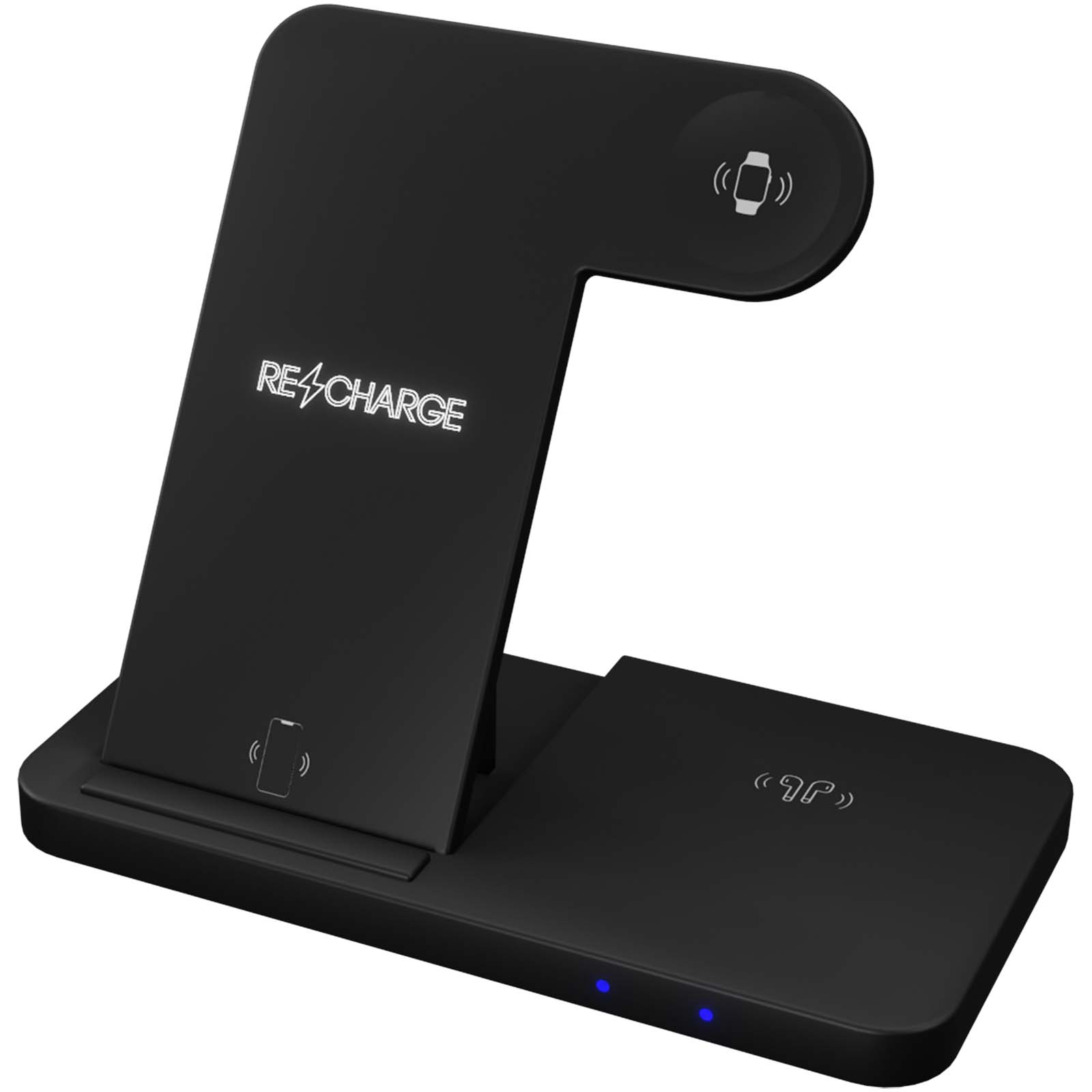SCX.design W28 kabellose 3-in-1 Ladestation kabellos mit Telefonständer und Leuchtlogo schwarz