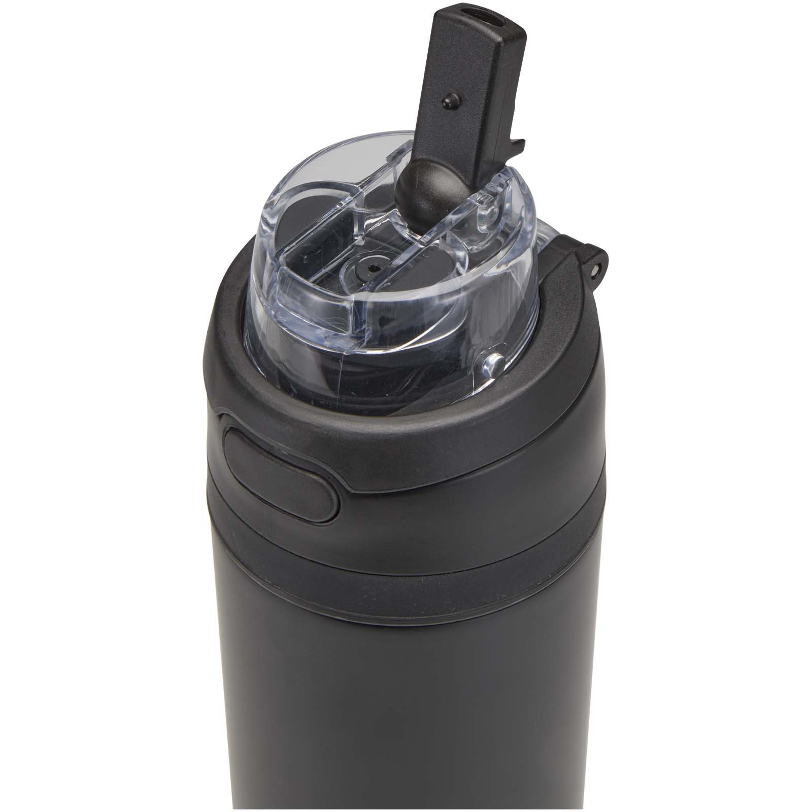 Theron 800 ml RCS Trinkflasche aus recyceltem, einwandigem Edelstahl mit Multifunktionsdeckel und Klappstrohhalm schwarz