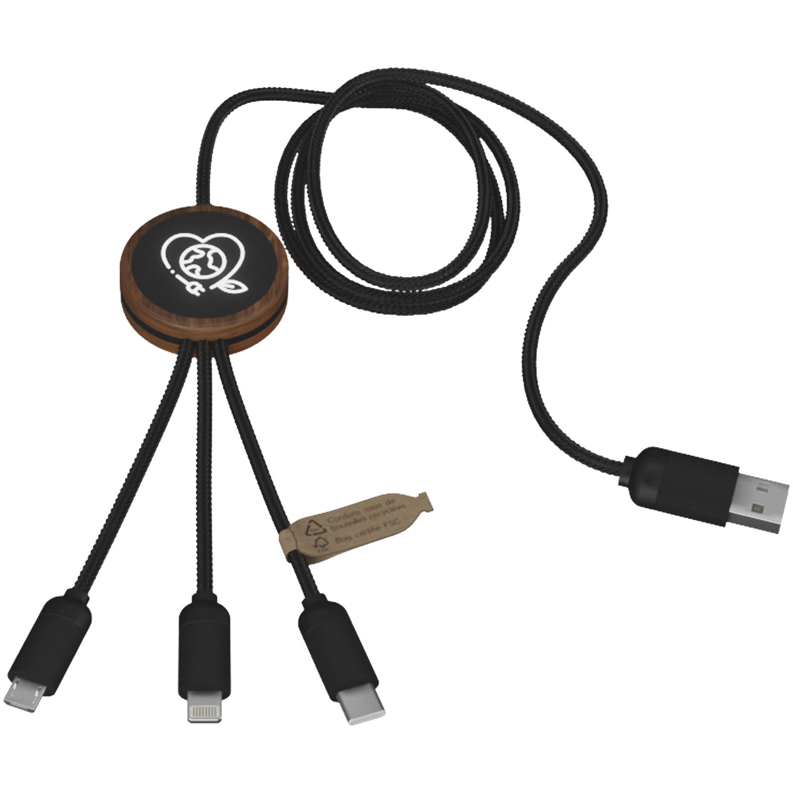 SCX.design C36 3-in-1 rPET erweitertes Ladekabel mit Leuchtlogo in rundem Bambusgehäuse holz