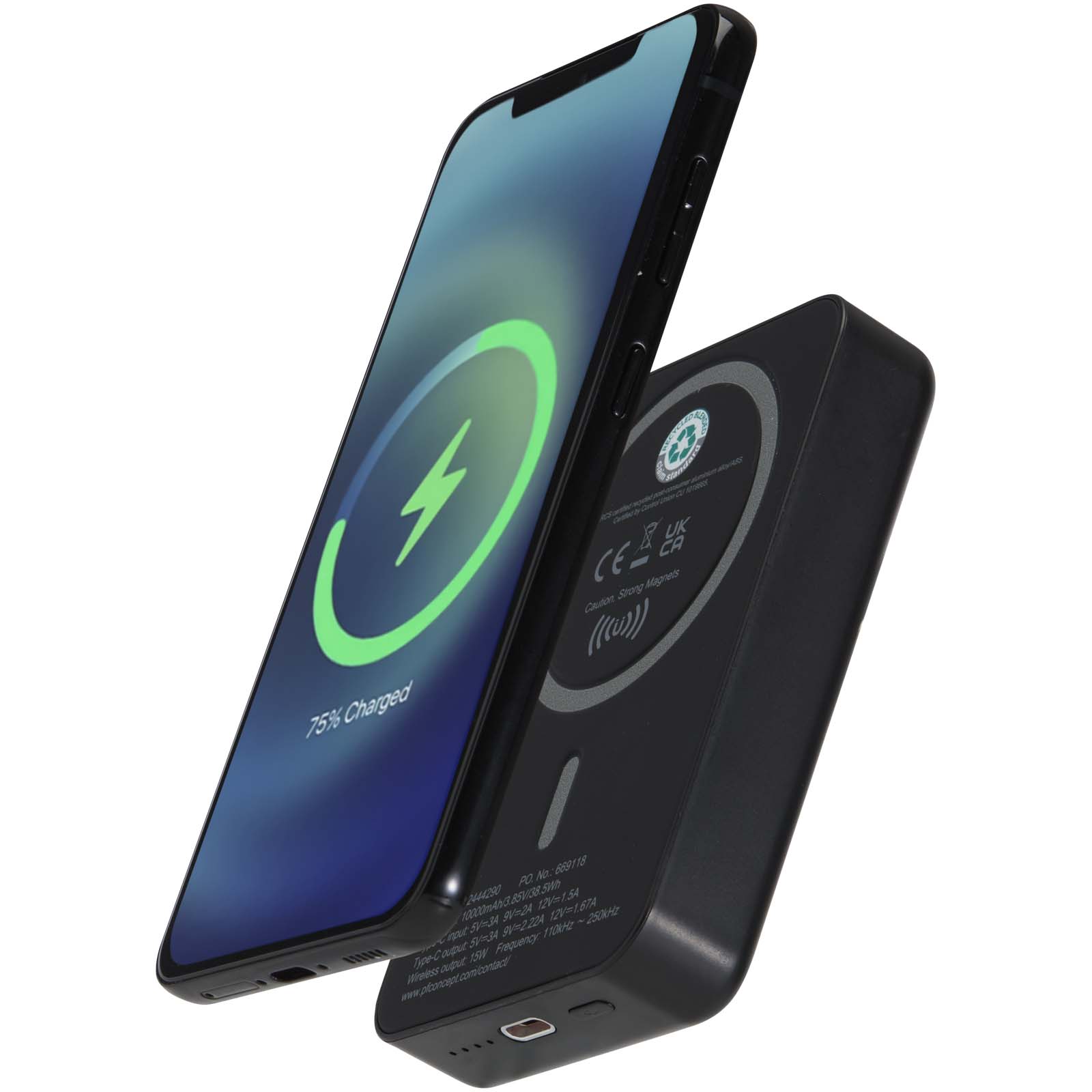 Acrab 15 W 10.000 mAh magnetische kabellose Powerbank mit 20 W PD aus recyceltem Kunststoff schwarz
