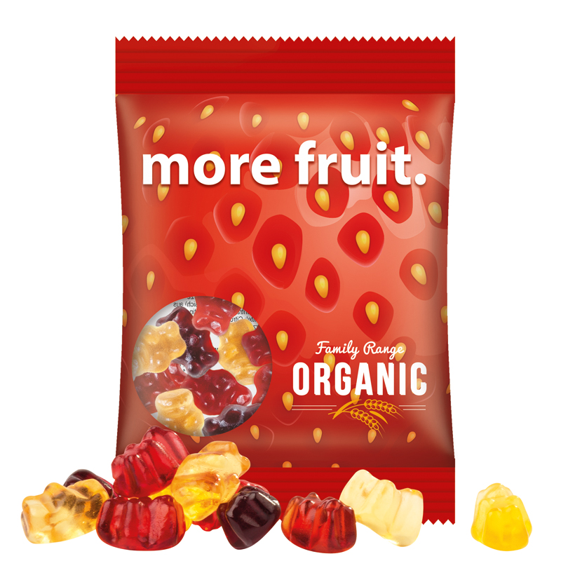 Minitüte 15 g, transparente kompostierbare Folie, Trolli Fruchtgummibären, 30 % Fruchtsaftqualität