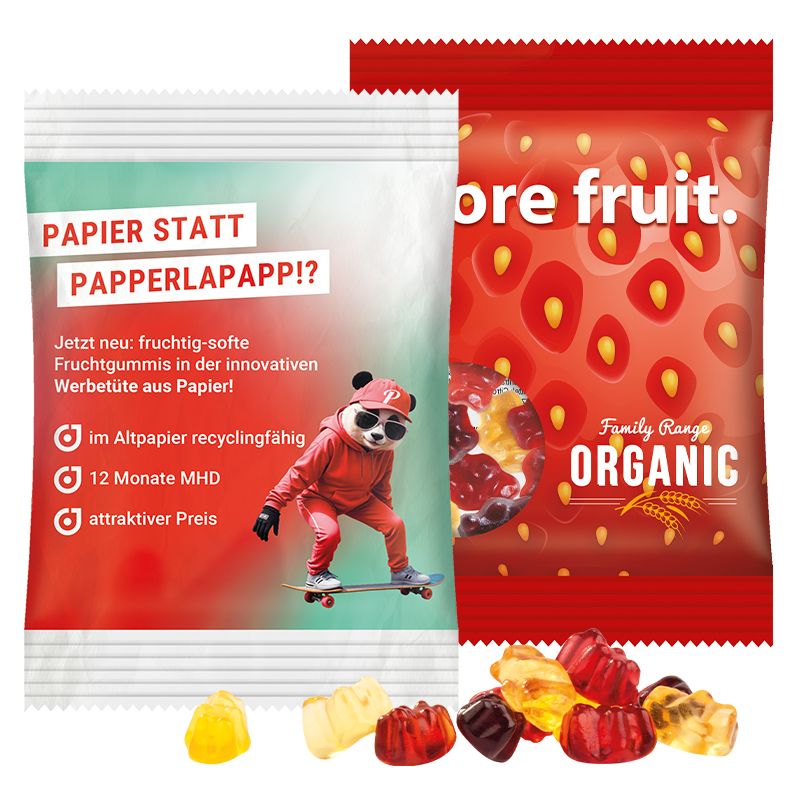 Minitüte 10 g, transparente kompostierbare Folie, Trolli Fruchtgummibären, 30 % Fruchtsaftqualität Exquisit