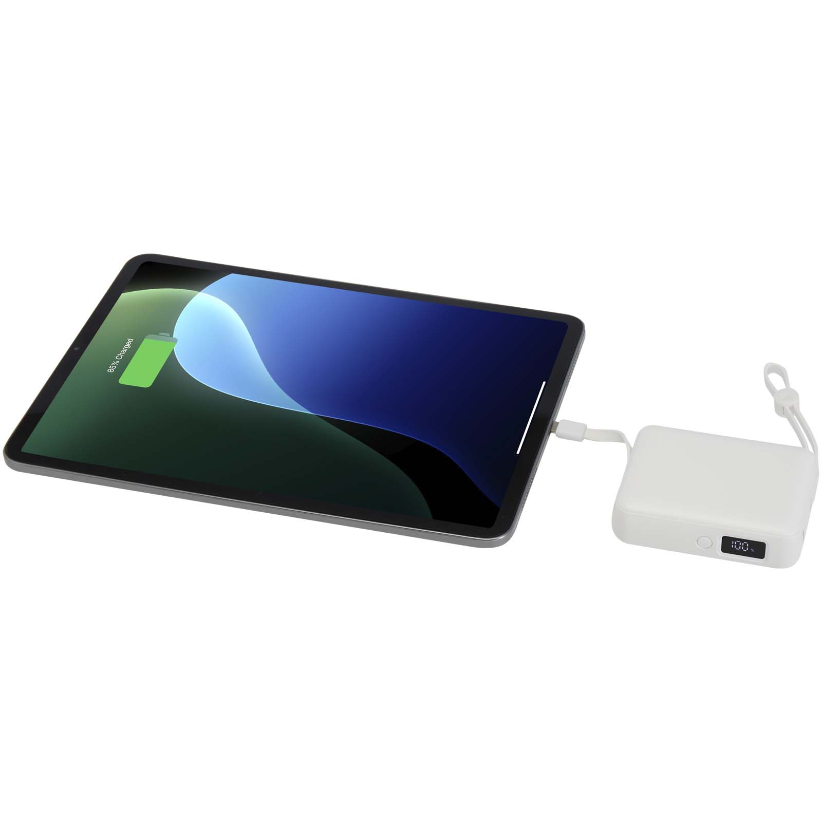 Acrux 35 W 10.000 mAh Tablet Powerbank mit integriertem Typ-C-Kabel aus recyceltem Kunststoff weiss