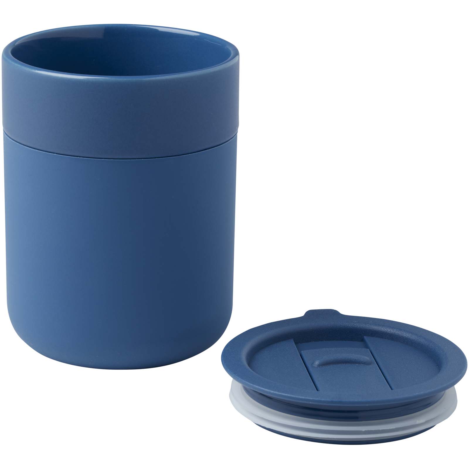 Java 330 ml Keramikbecher mit Silikonhülle und Kunststoffdeckel blau