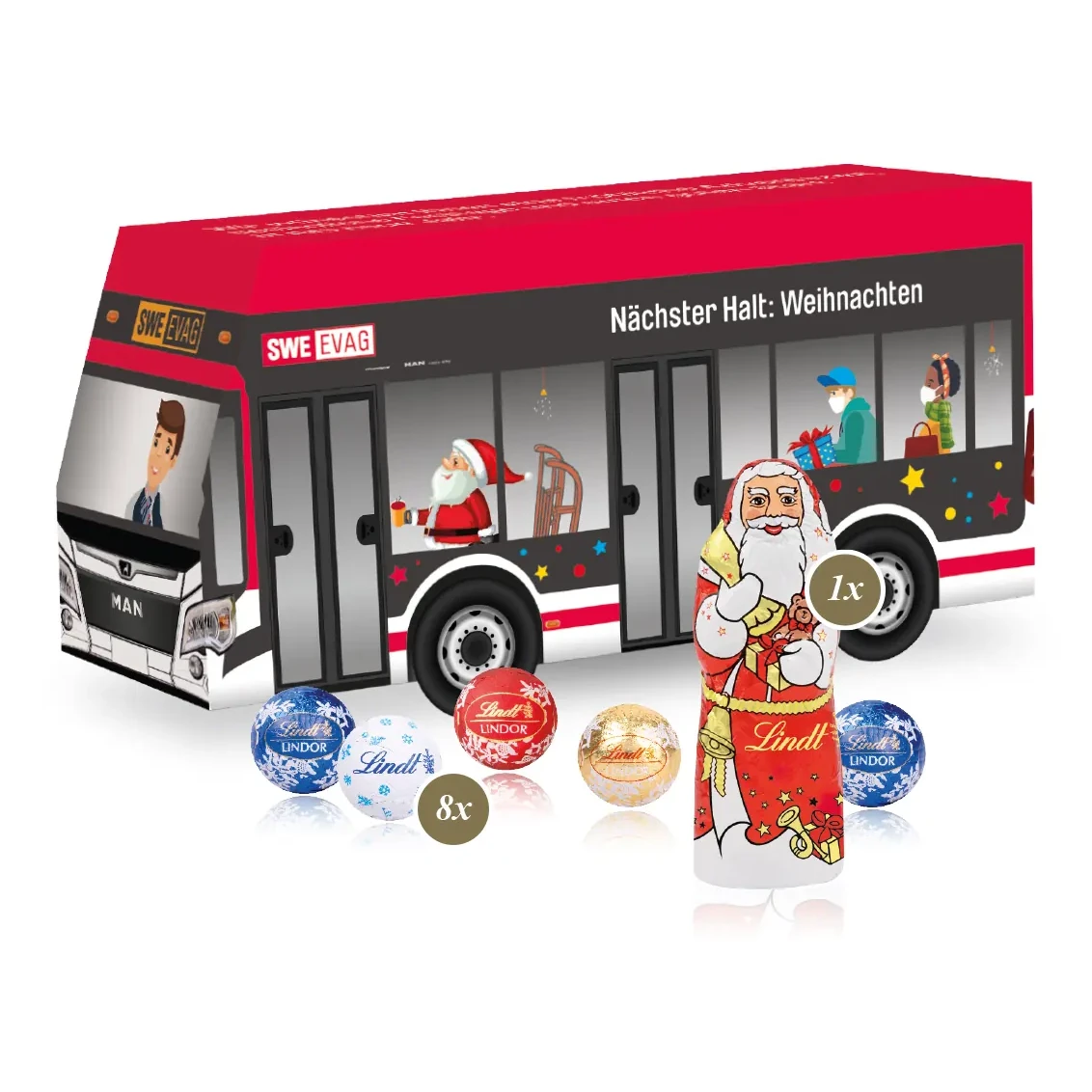 3D Präsent "Bus" mit Lindt Minis und Nikolaus