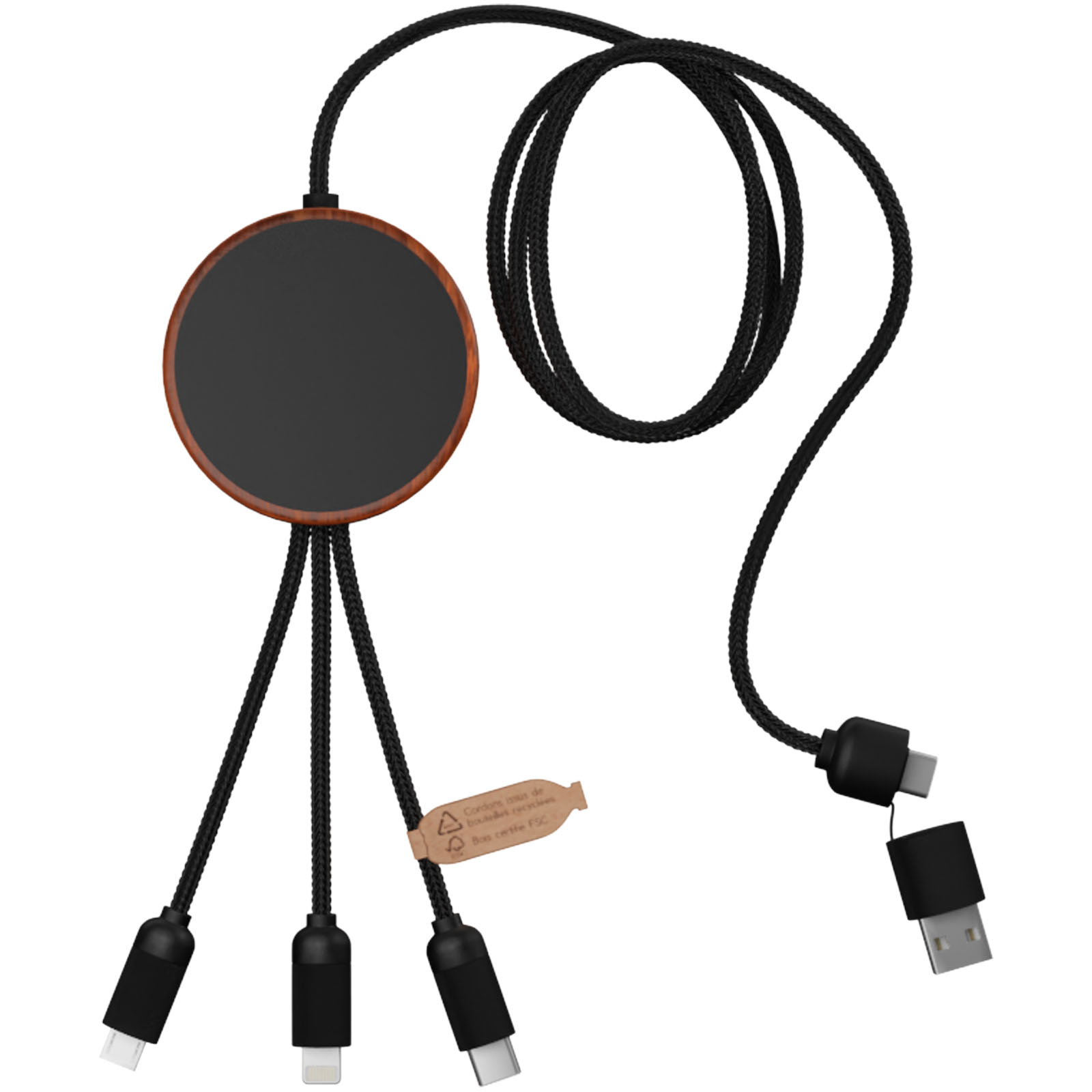 SCX.design C40 5-in-1 Ladekabel aus rPET mit 10W Ladepad und Leuchtlogo holz