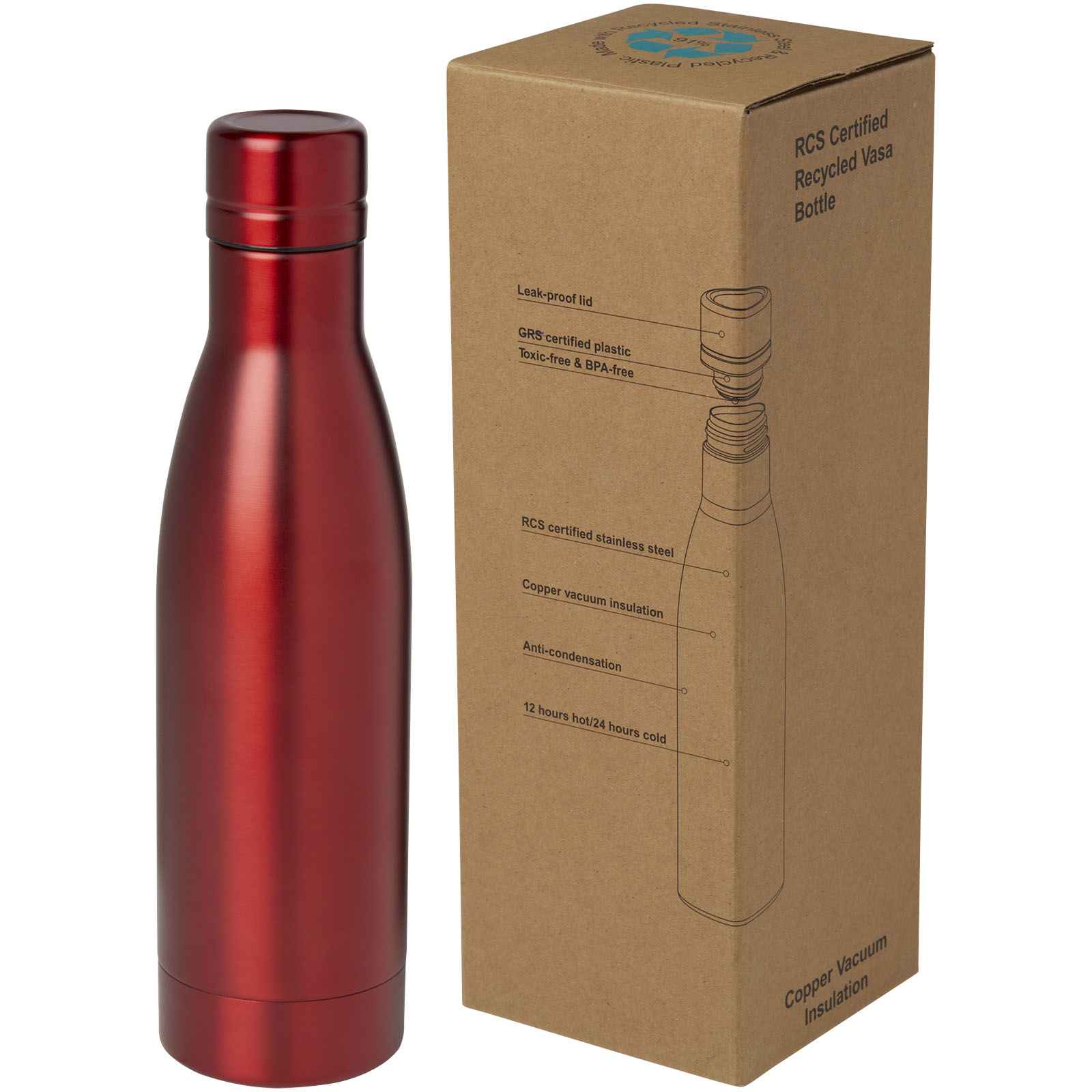 Vasa RCS-zertifizierte Kupfer-Vakuum Isolierflasche aus recyceltem Edelstahl, 500 ml rot