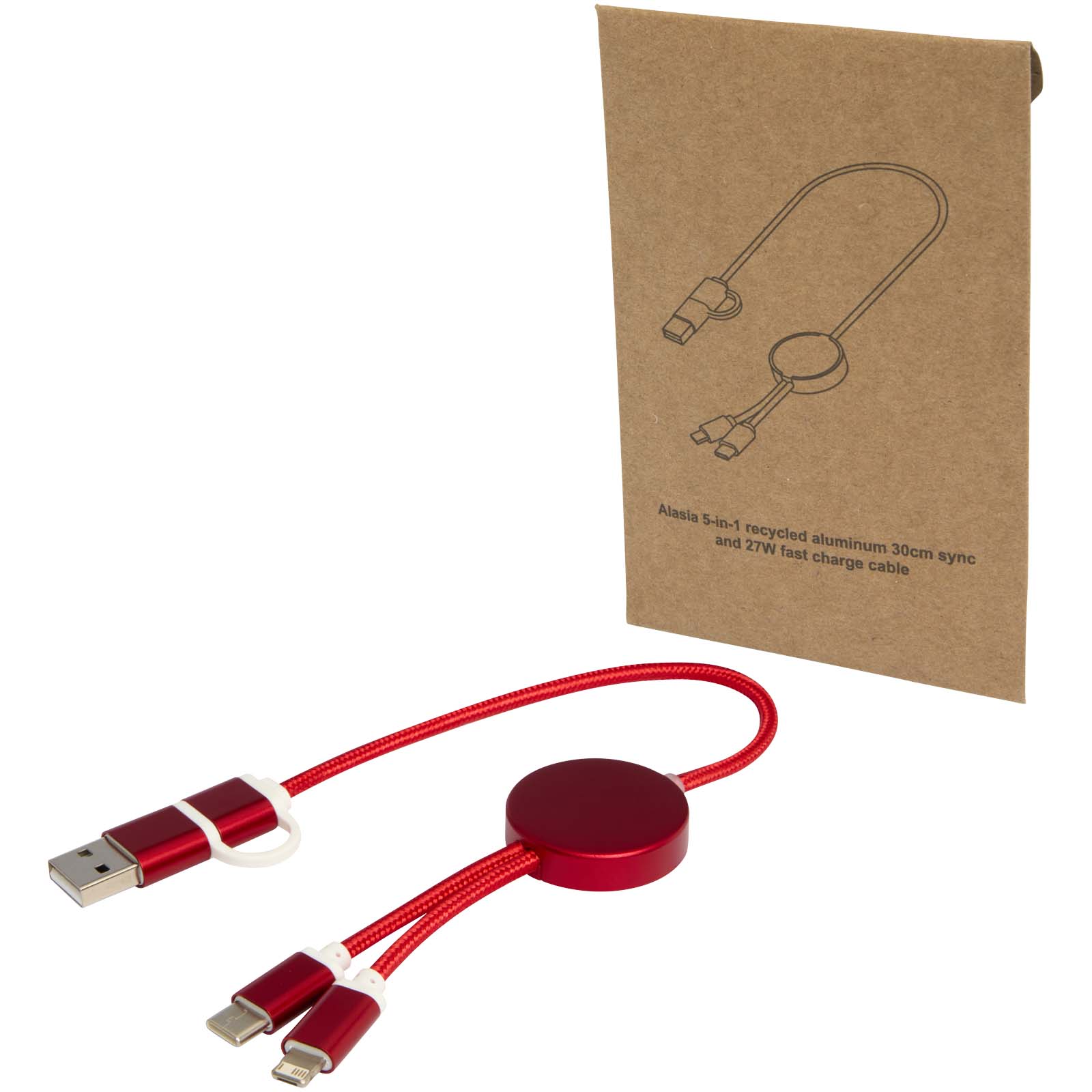 Alasia 30 cm 5-in-1 Kabel aus recyceltem Kunststoff für Datenübertragung und 27W Schnellladung rot