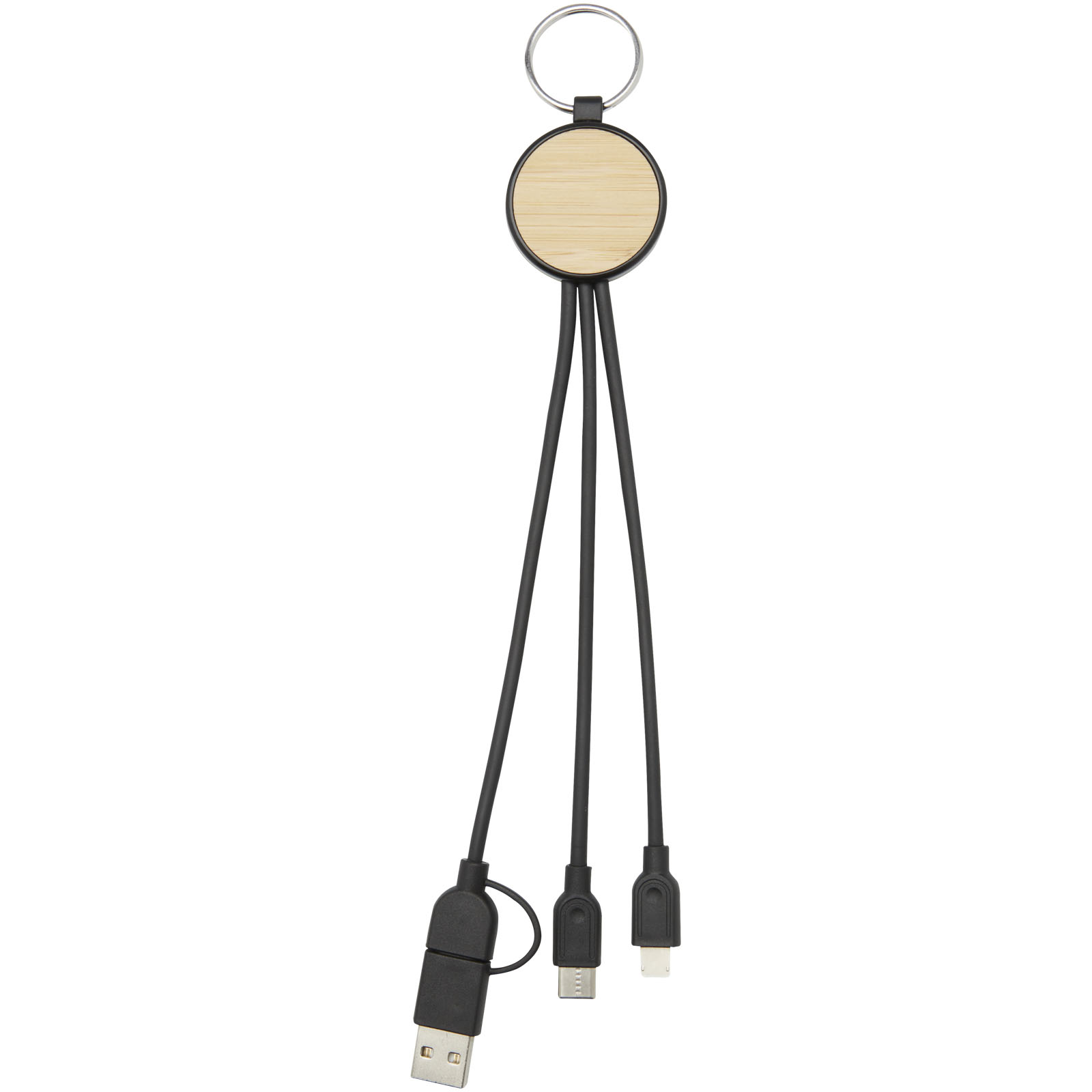 Tecta  6-in-1 Ladekabel mit Schlüsselring aus recyceltem Kunststoff und Bambus schwarz