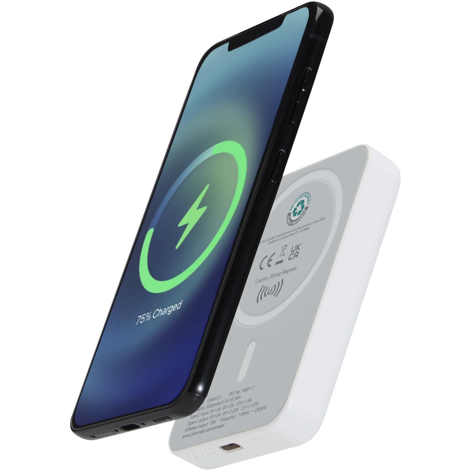 Acrab 15 W 5.000 mAh magnetische kabellose Powerbank mit 20 W PD aus recyceltem Kunststoff weiss