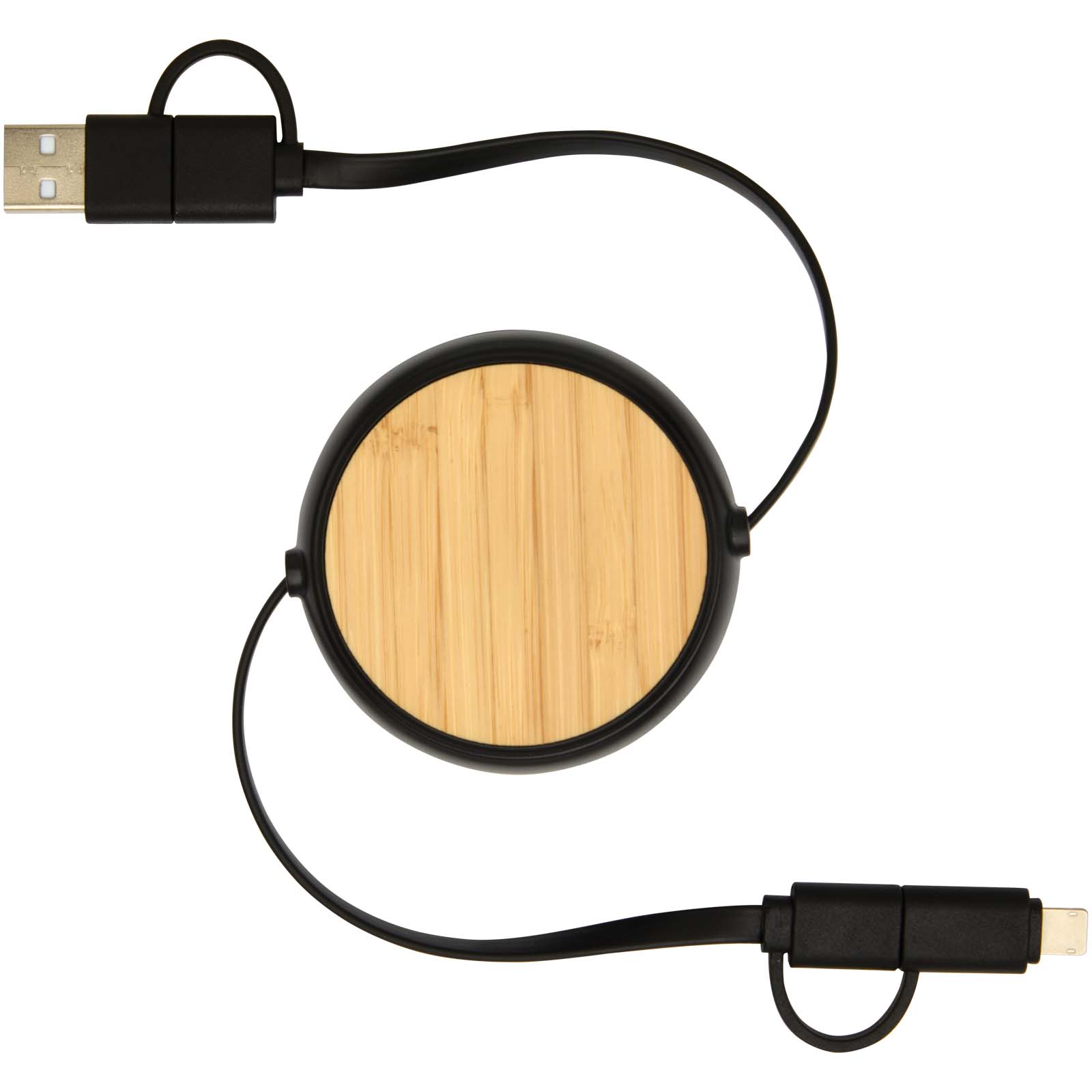 Chechia 100cm 5-in-1 Kabel aus recyceltem Kunststoff, einziehbar, für Datenübertragung und 45W Schnellladung mit Bambusdetail schwarz
