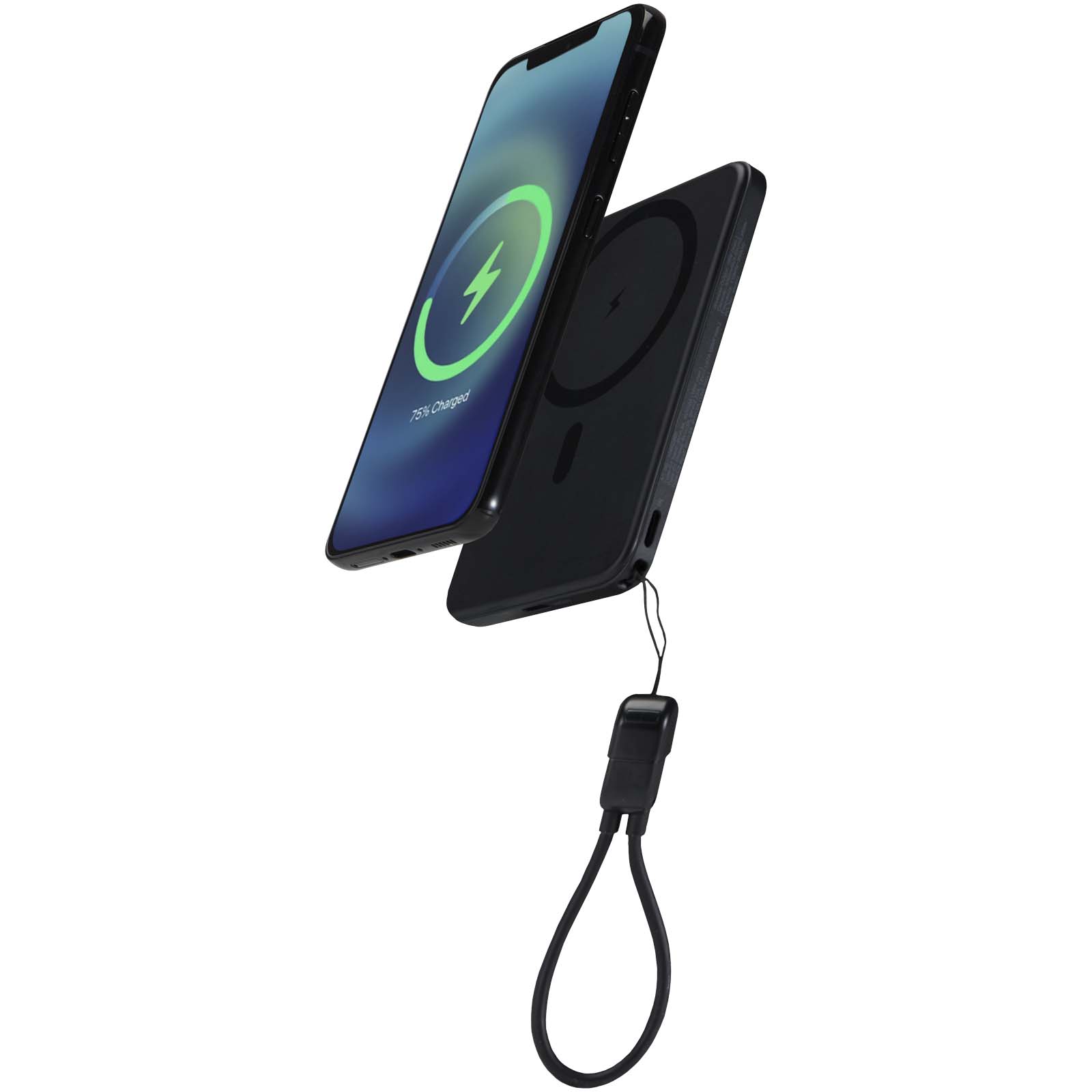 SMART 5000 mAh Powerbank aus recyceltem Kunststoff mit Magnetverschluss und Lanyard schwarz