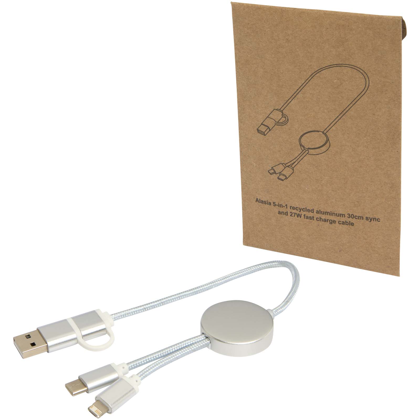 Alasia 30 cm 5-in-1 Kabel aus recyceltem Kunststoff für Datenübertragung und 27W Schnellladung silber