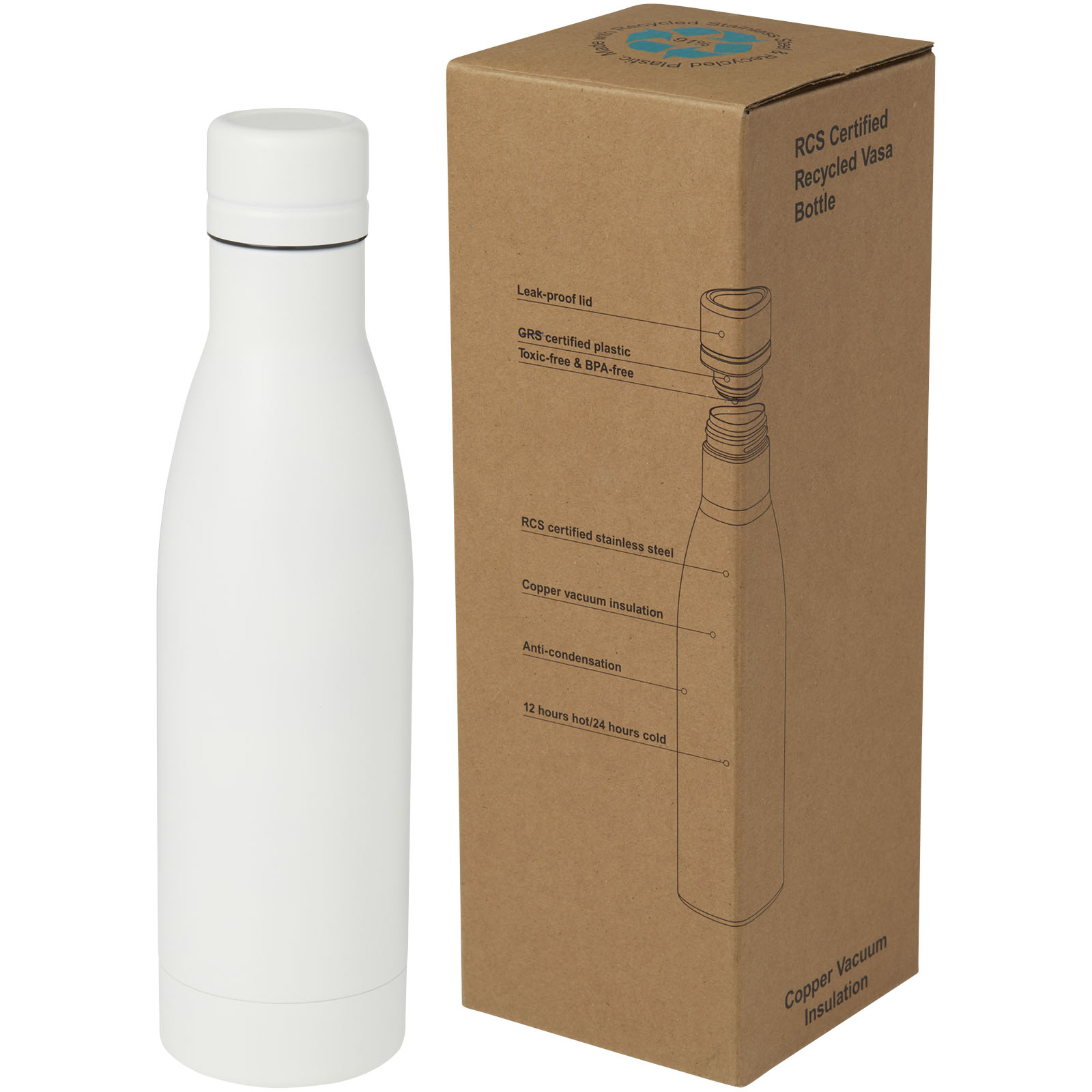 Vasa RCS-zertifizierte Kupfer-Vakuum Isolierflasche aus recyceltem Edelstahl, 500 ml weiss