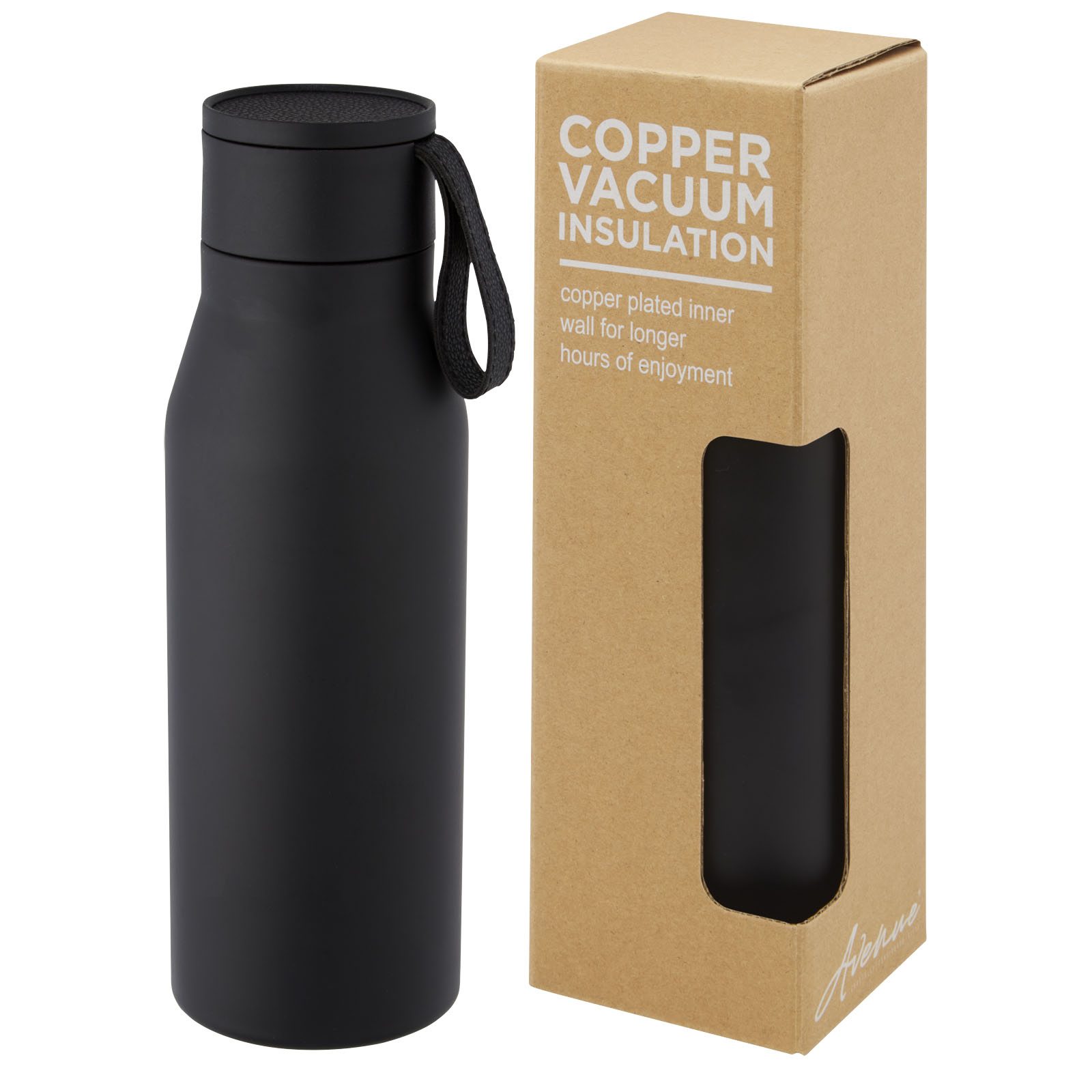 Ljungan 500 ml Kupfer-Vakuum Isolierflasche mit PU Kunststoffband und Deckel schwarz