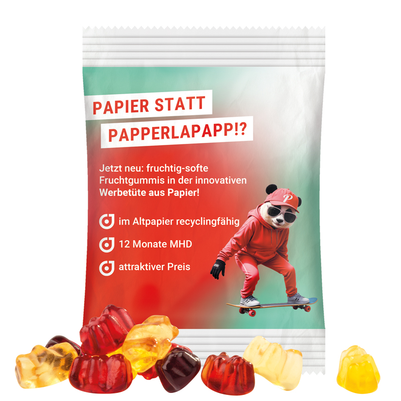 Minitüte 15 g, transparente kompostierbare Folie, Trolli Fruchtgummibären, 30 % Fruchtsaftqualität