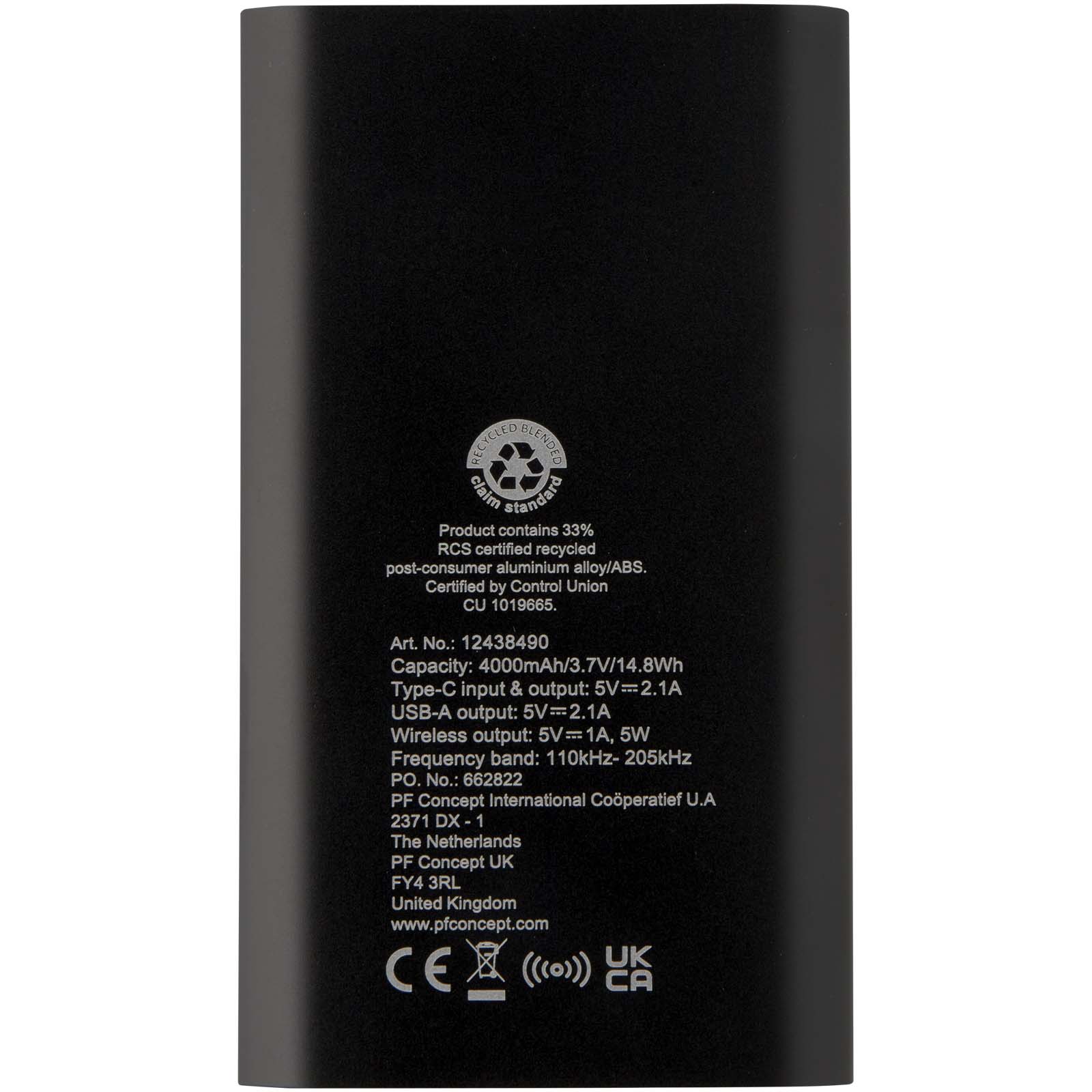 Juice 4000 mAh Typ-C kabellose Powerbank aus recyceltem Aluminium schwarz