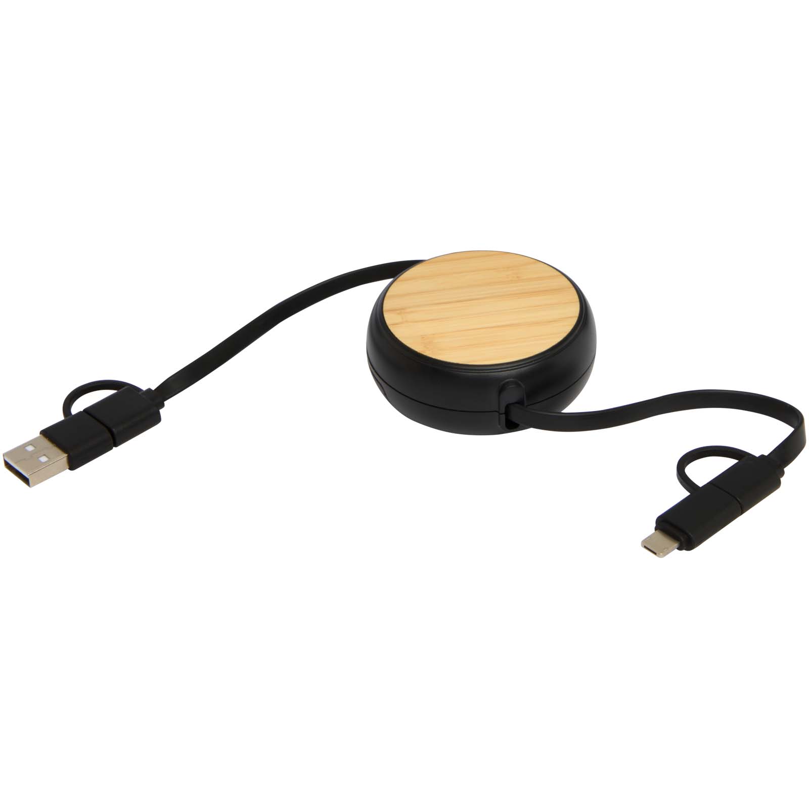 Chechia 100cm 5-in-1 Kabel aus recyceltem Kunststoff, einziehbar, für Datenübertragung und 45W Schnellladung mit Bambusdetail schwarz